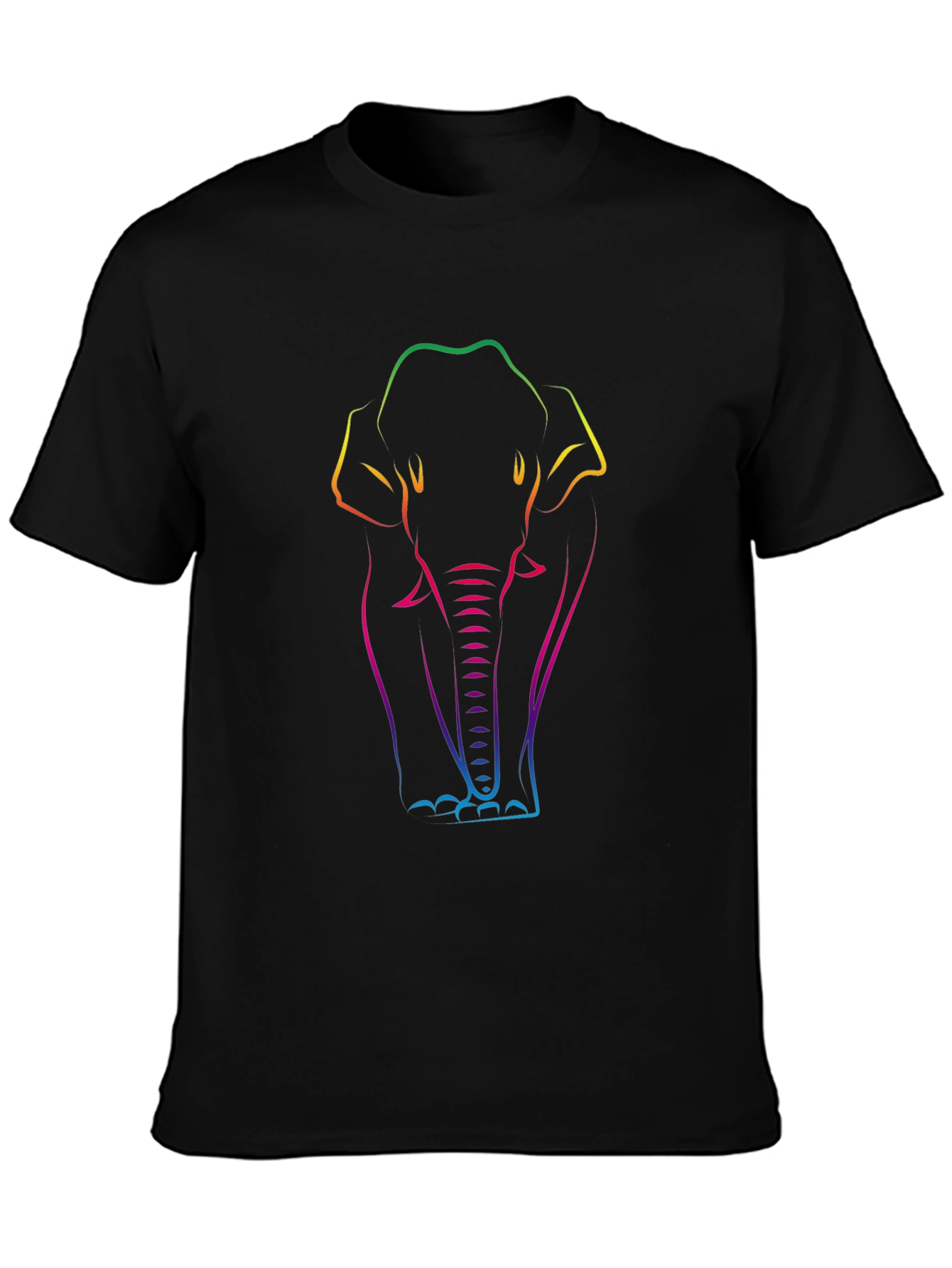 Rainbow Elephant Line Art Black T-Shirt