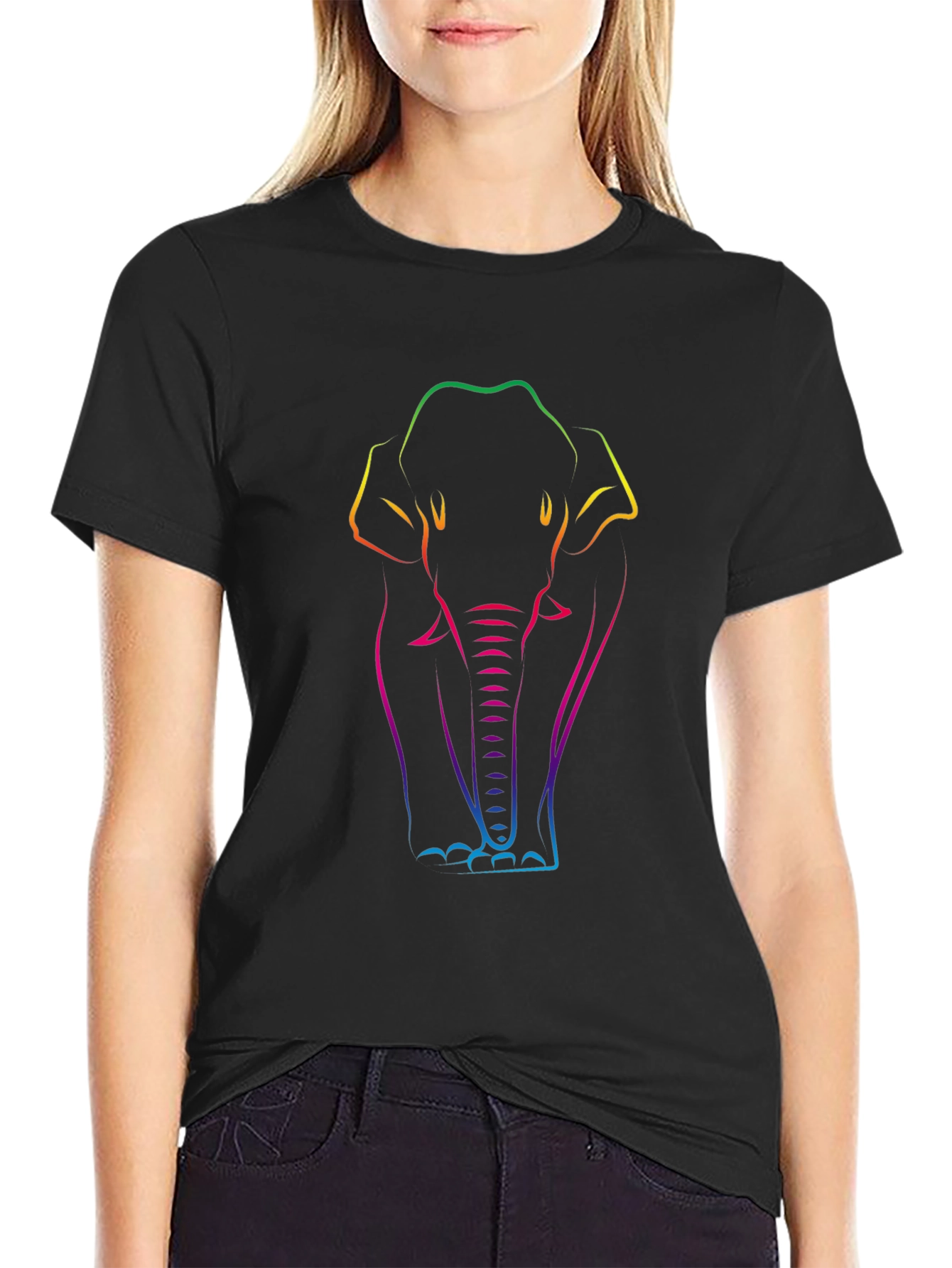 Rainbow Elephant Line Art Black T-Shirt