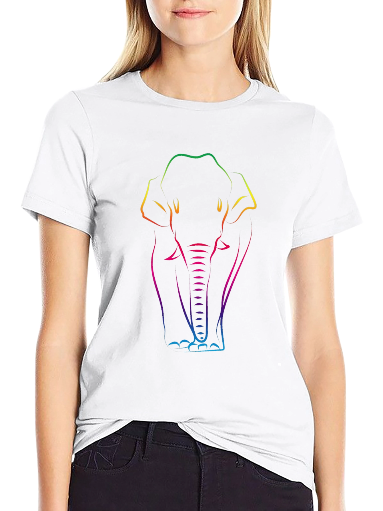 Rainbow Elephant Line Art Black T-Shirt