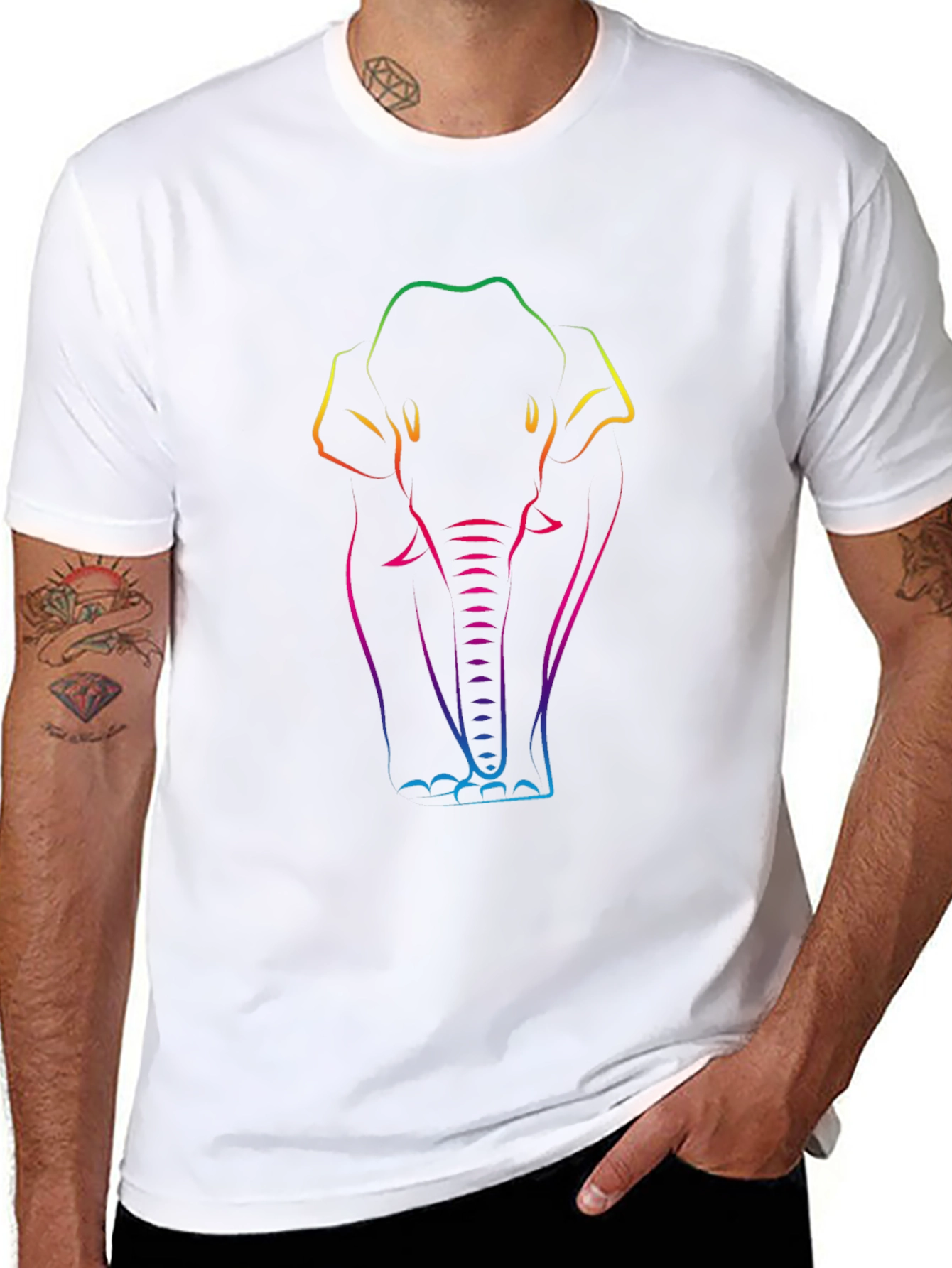 Rainbow Elephant Line Art Black T-Shirt