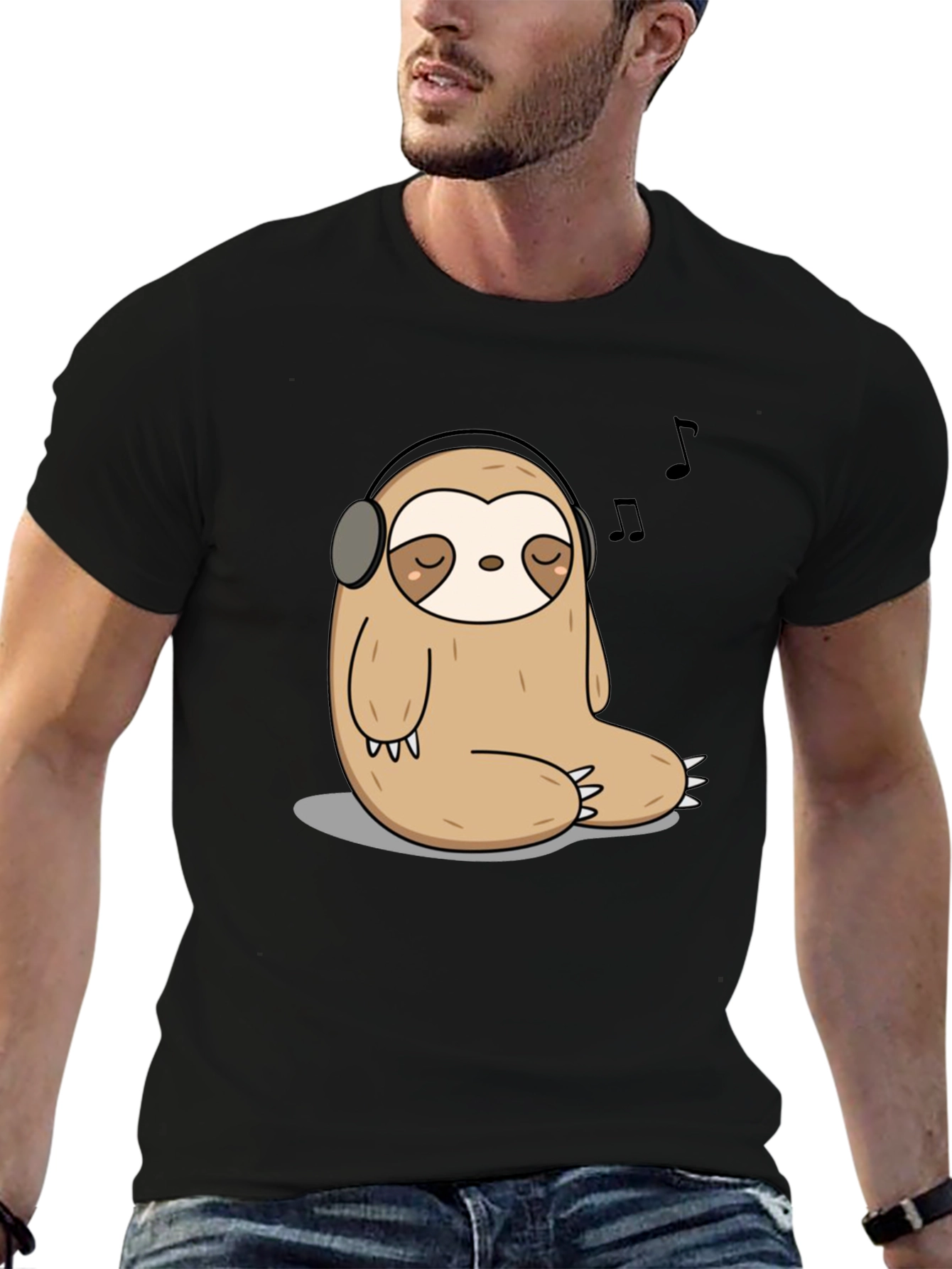 Relaxed Sloth in Headphones Graphic T-Shirt