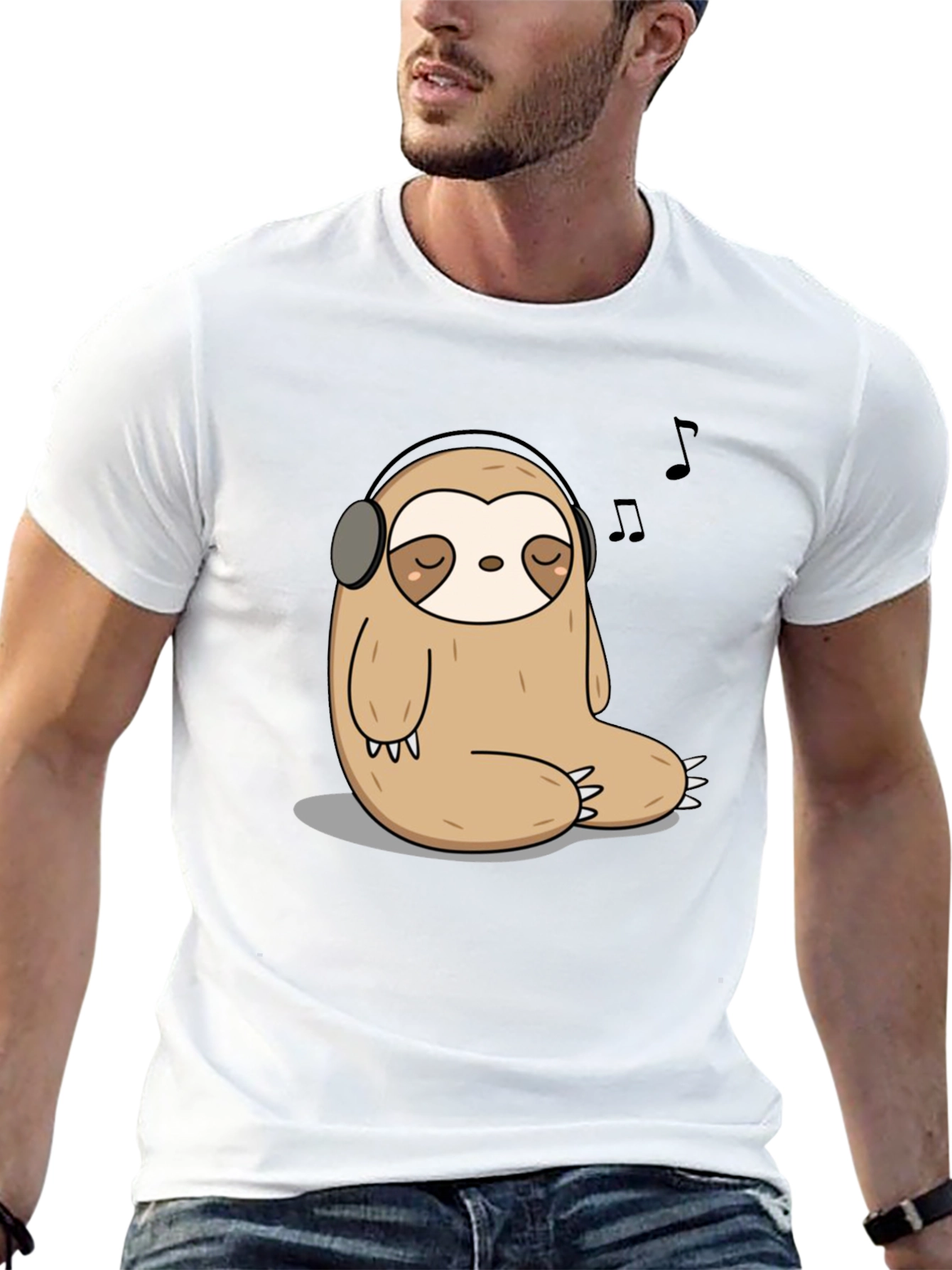 Relaxed Sloth in Headphones Graphic T-Shirt