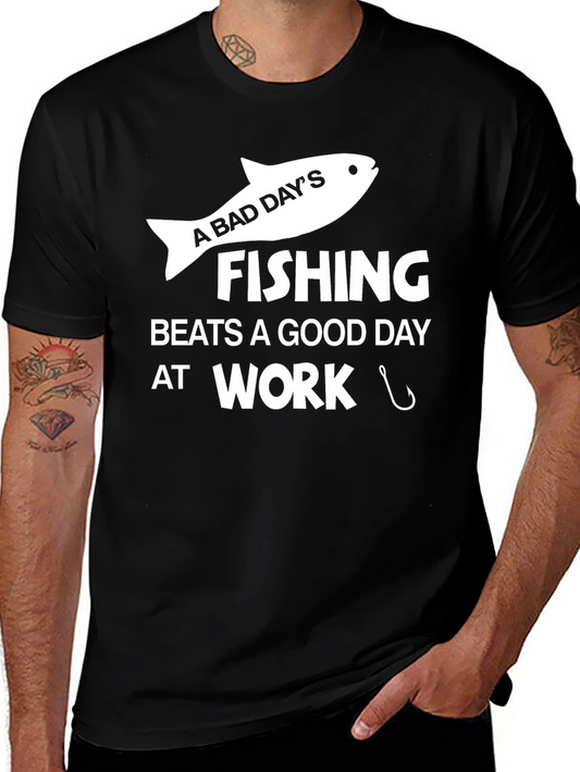 Fishing Beats Work Graphic Tee - Mens Black T-Shirt