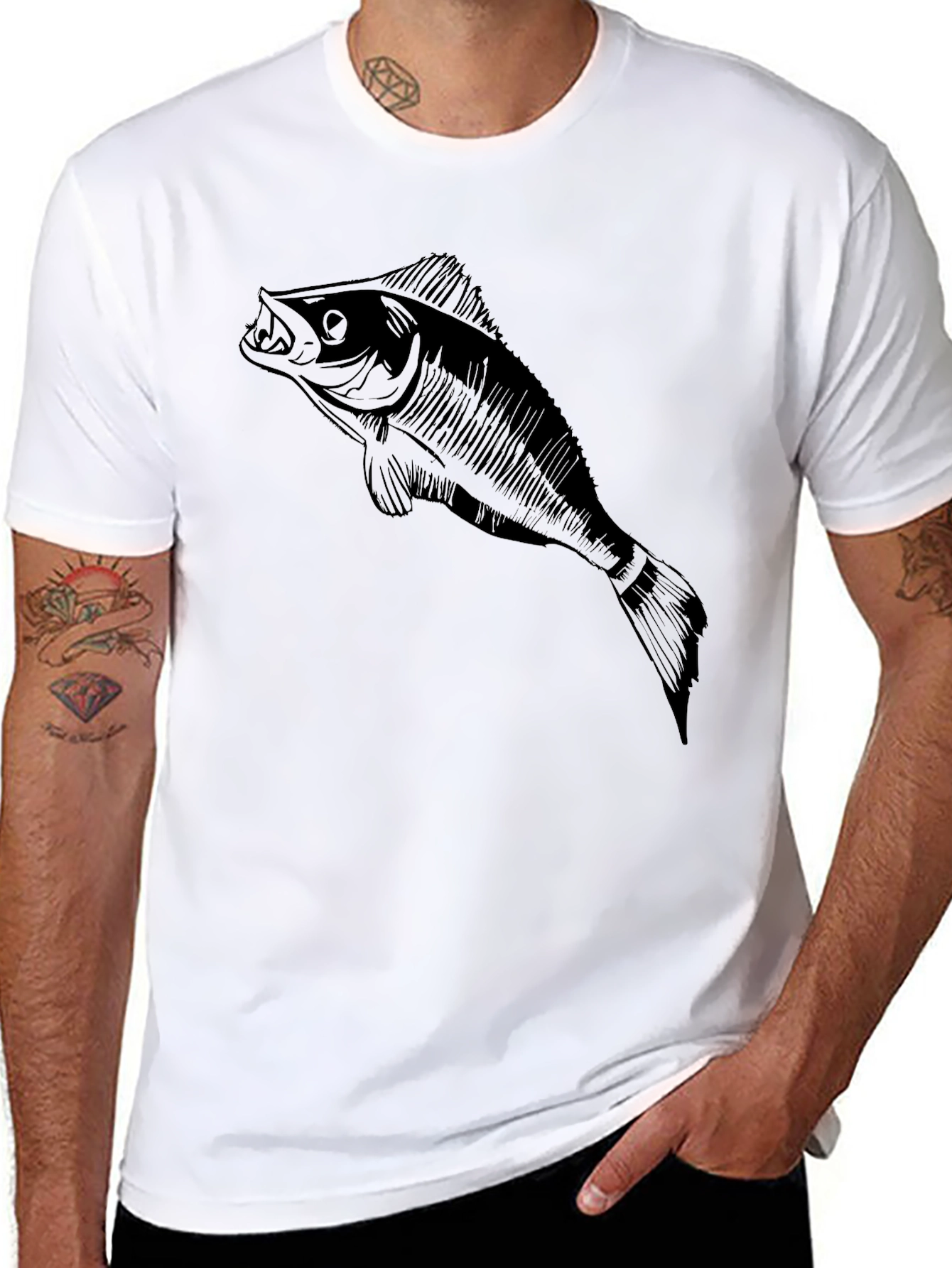Mens Black T-Shirt with Fish Graphic