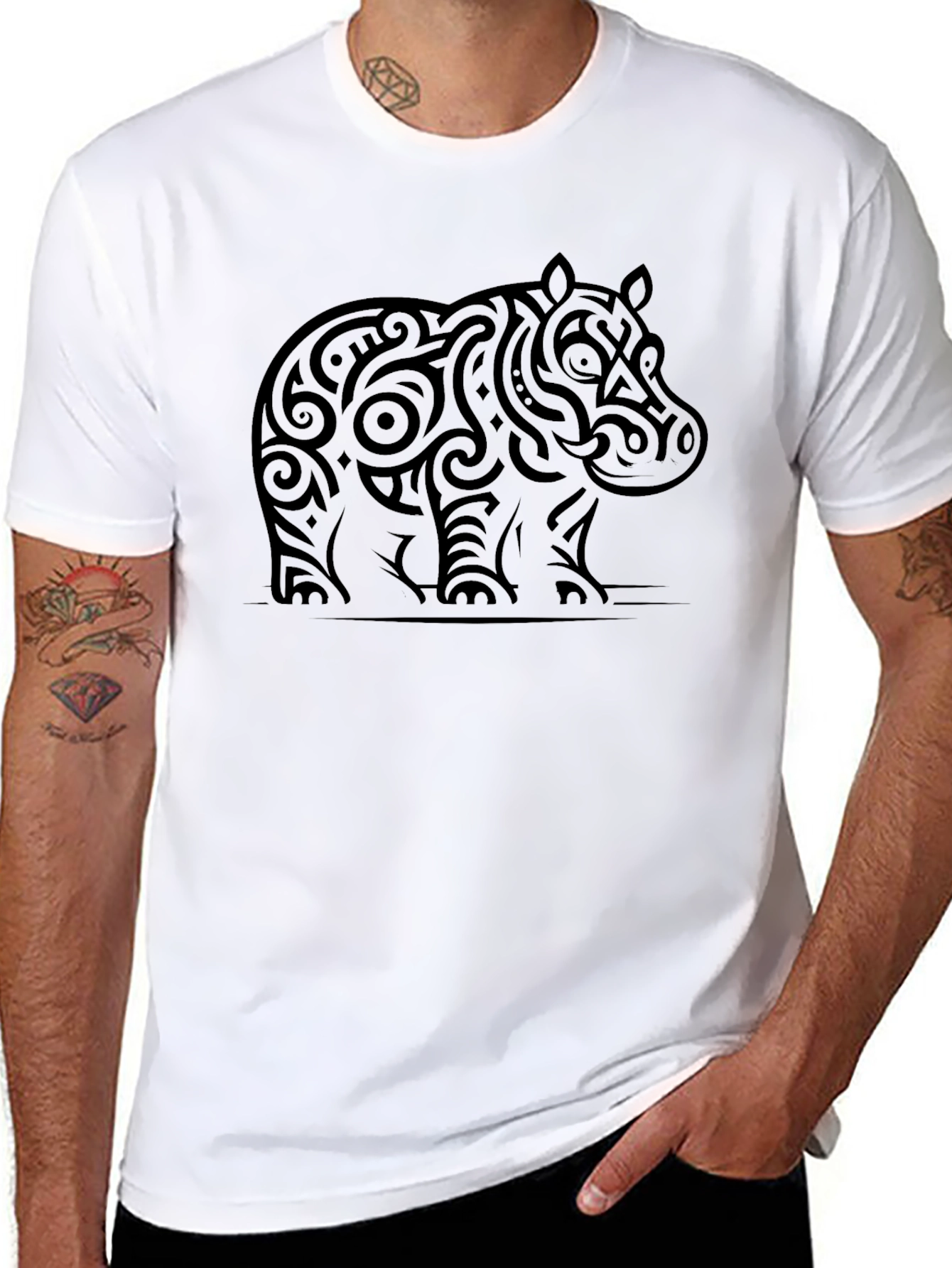 Tribal Hippo Graphic Tee - Black Cotton T-Shirt