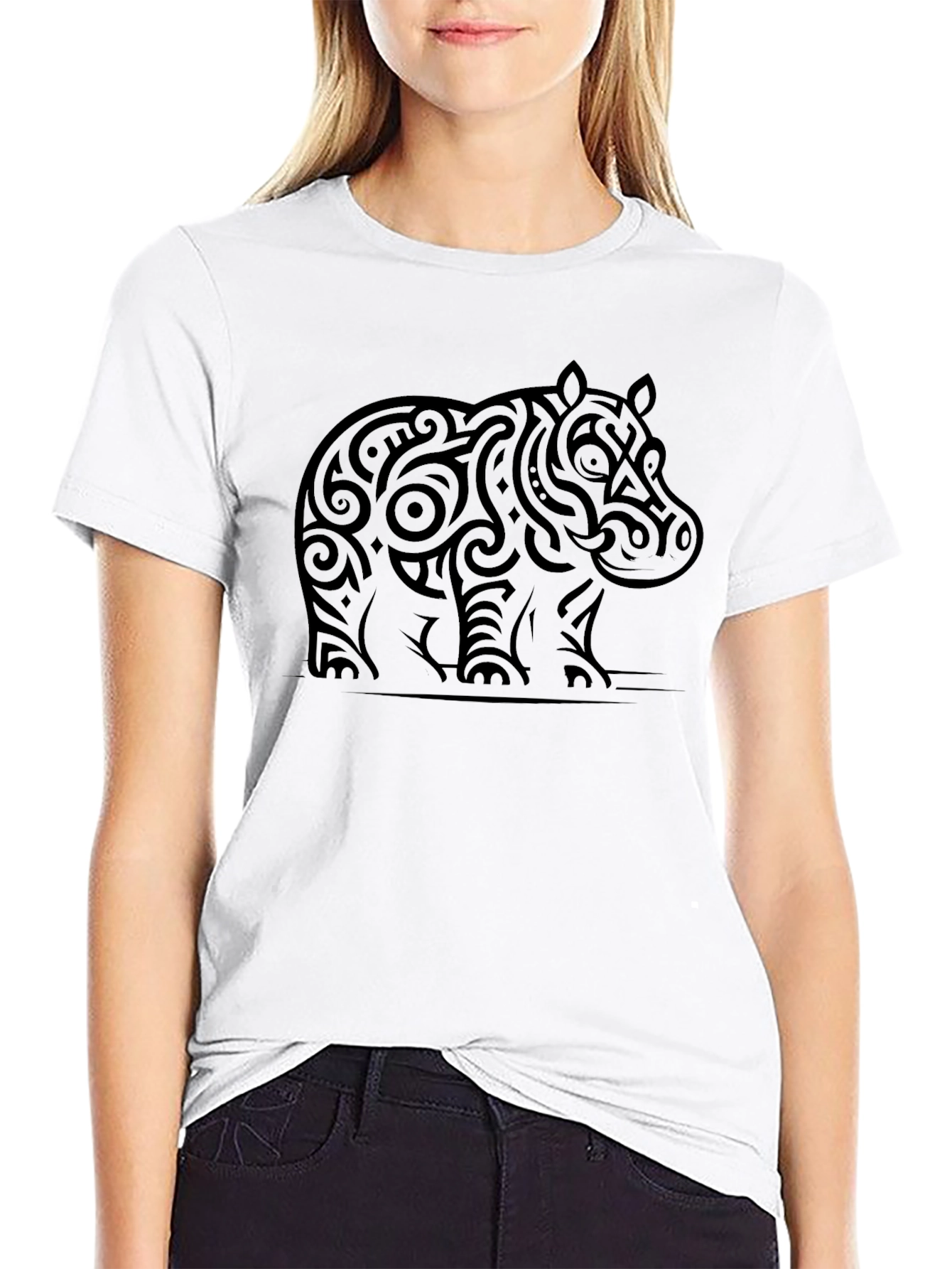 Tribal Hippo Graphic Tee - Black Cotton T-Shirt