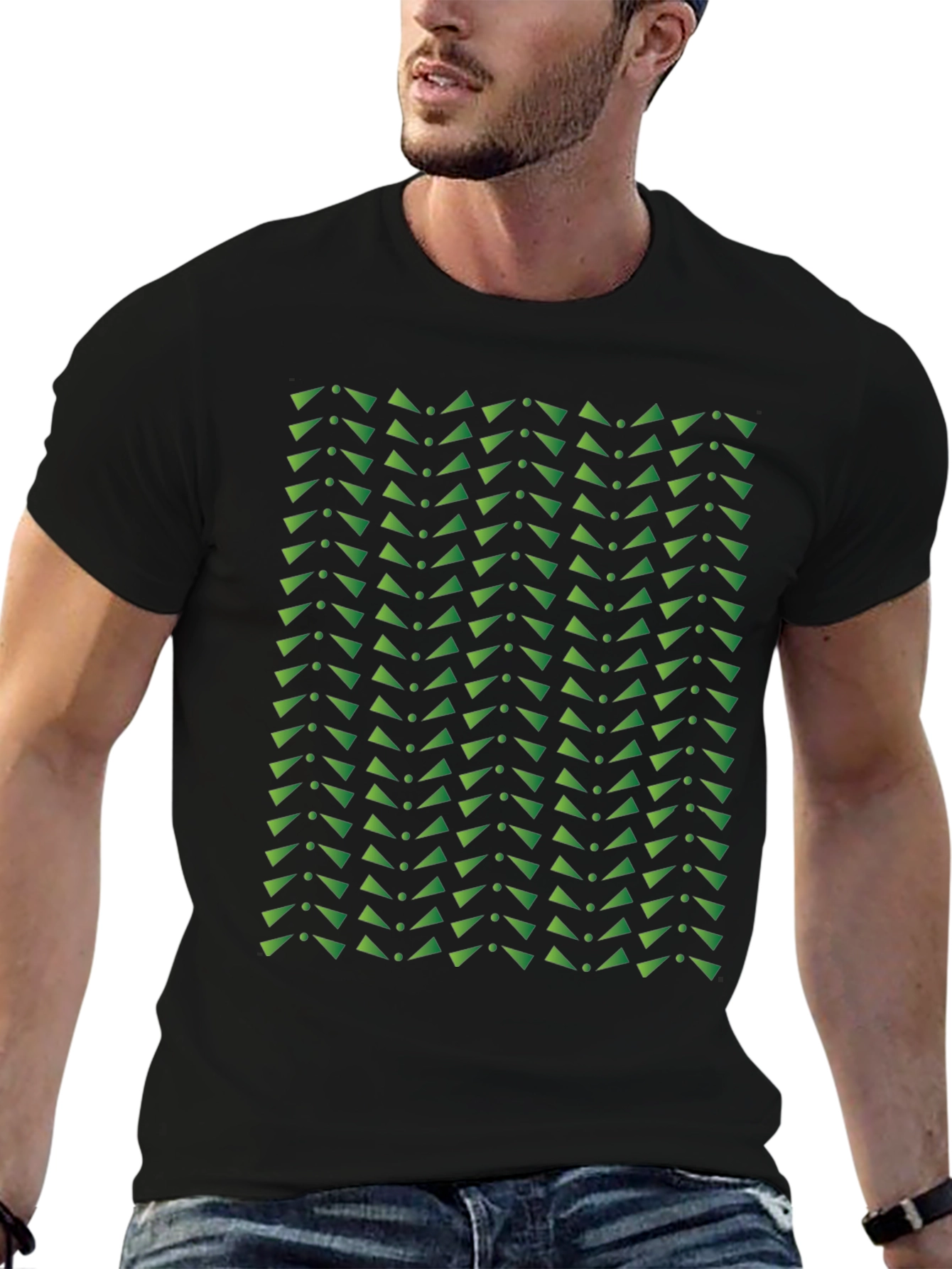 Geometric Green Triangle Pattern Black T-Shirt
