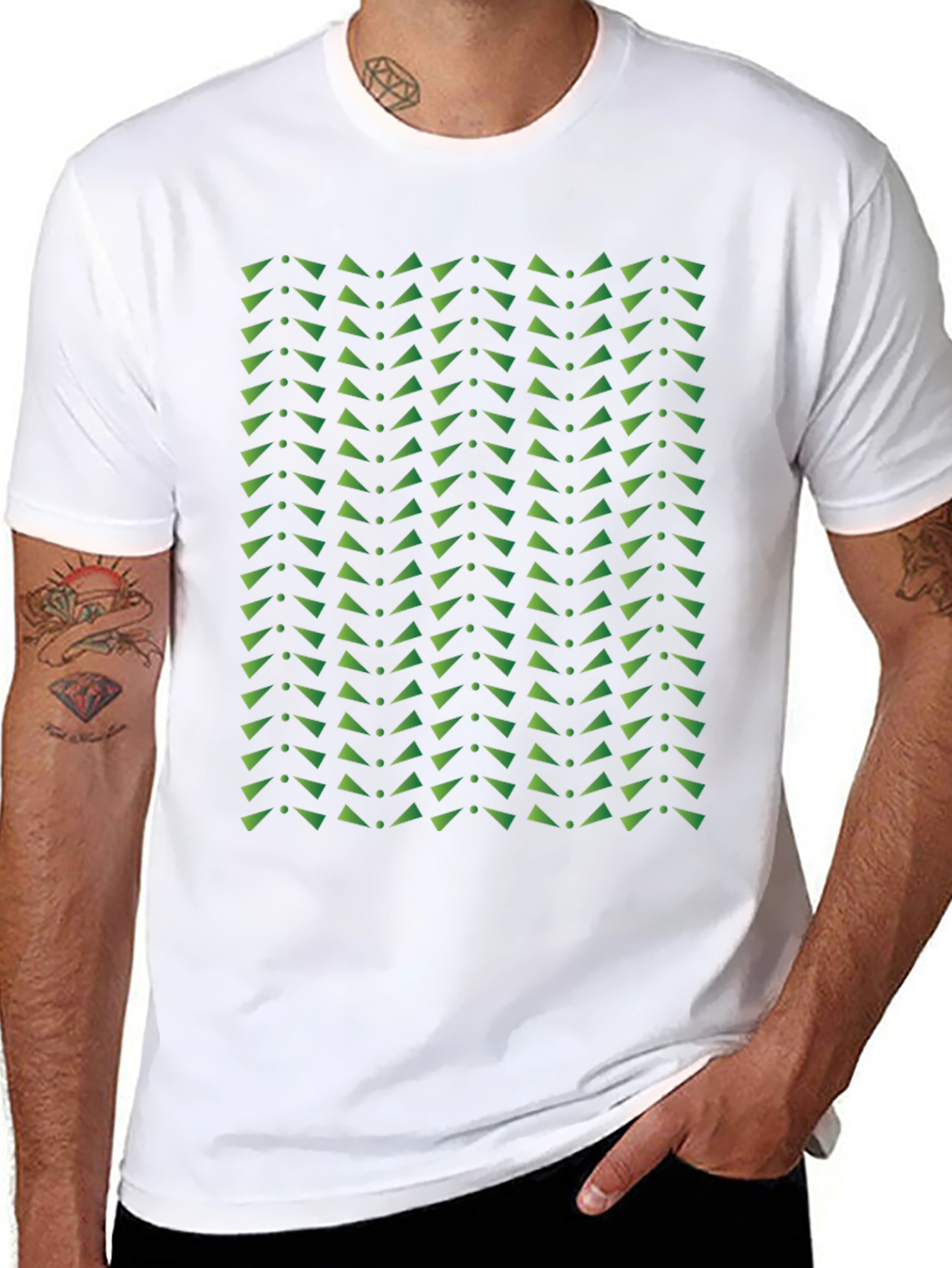 Geometric Green Triangle Pattern Black T-Shirt