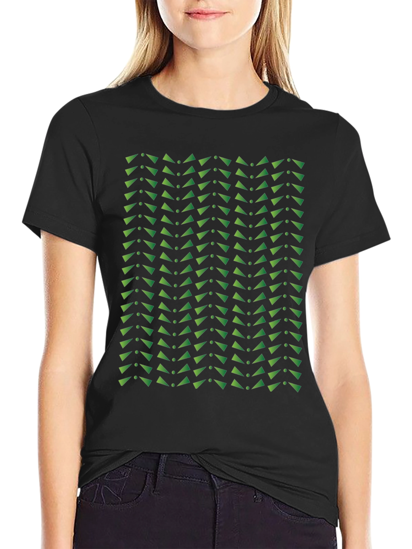 Geometric Green Triangle Pattern Black T-Shirt