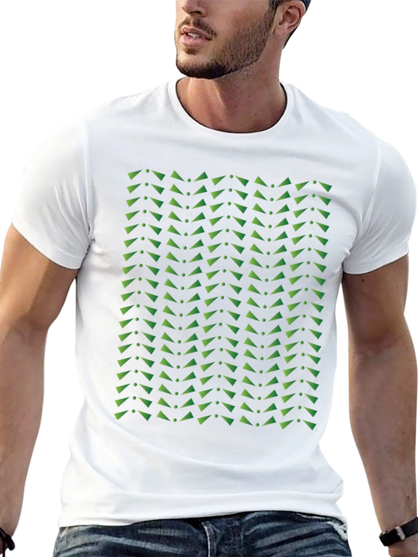 Geometric Green Triangle Pattern Black T-Shirt