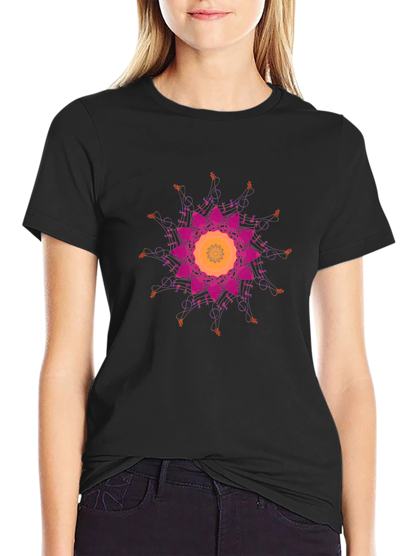Musical Mandala Graphic Tee - Stylish Black T-Shirt