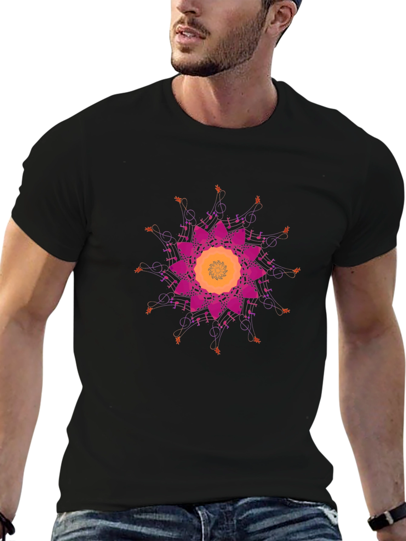Musical Mandala Graphic Tee - Stylish Black T-Shirt