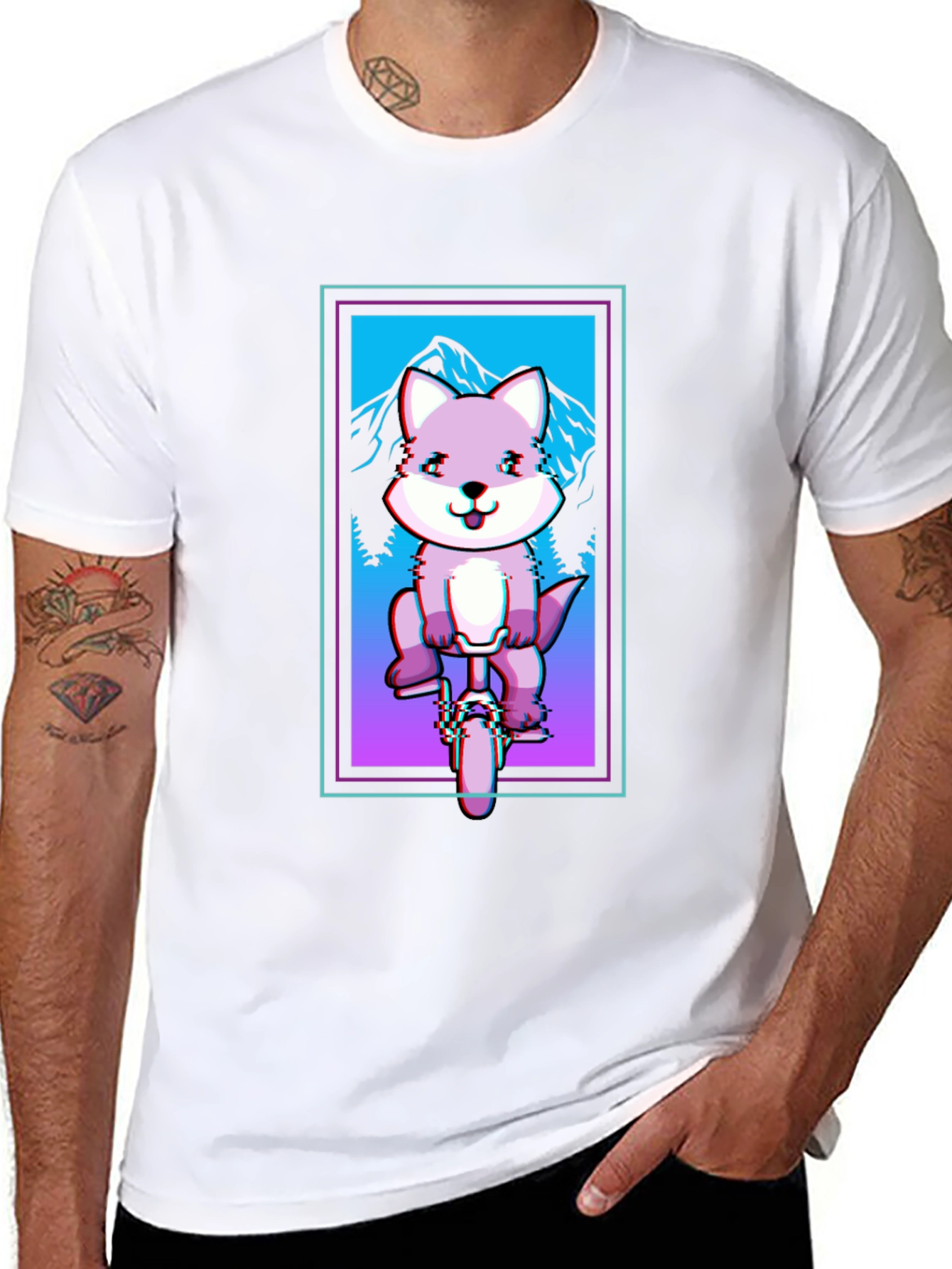 Fox on Unicycle T-Shirt - Glitch Art Style