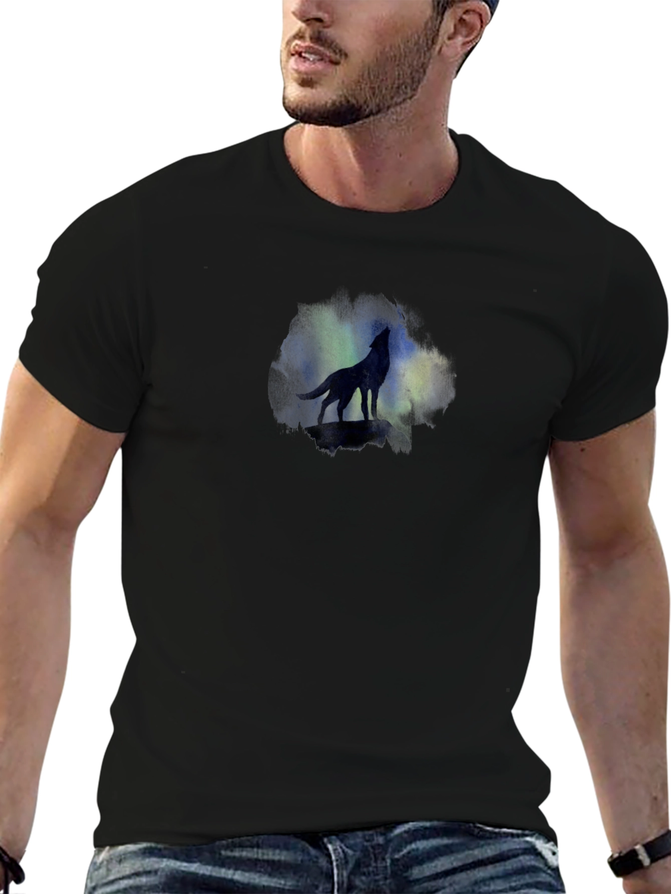 Wolf Silhouette Tee - Aurora Borealis Graphic
