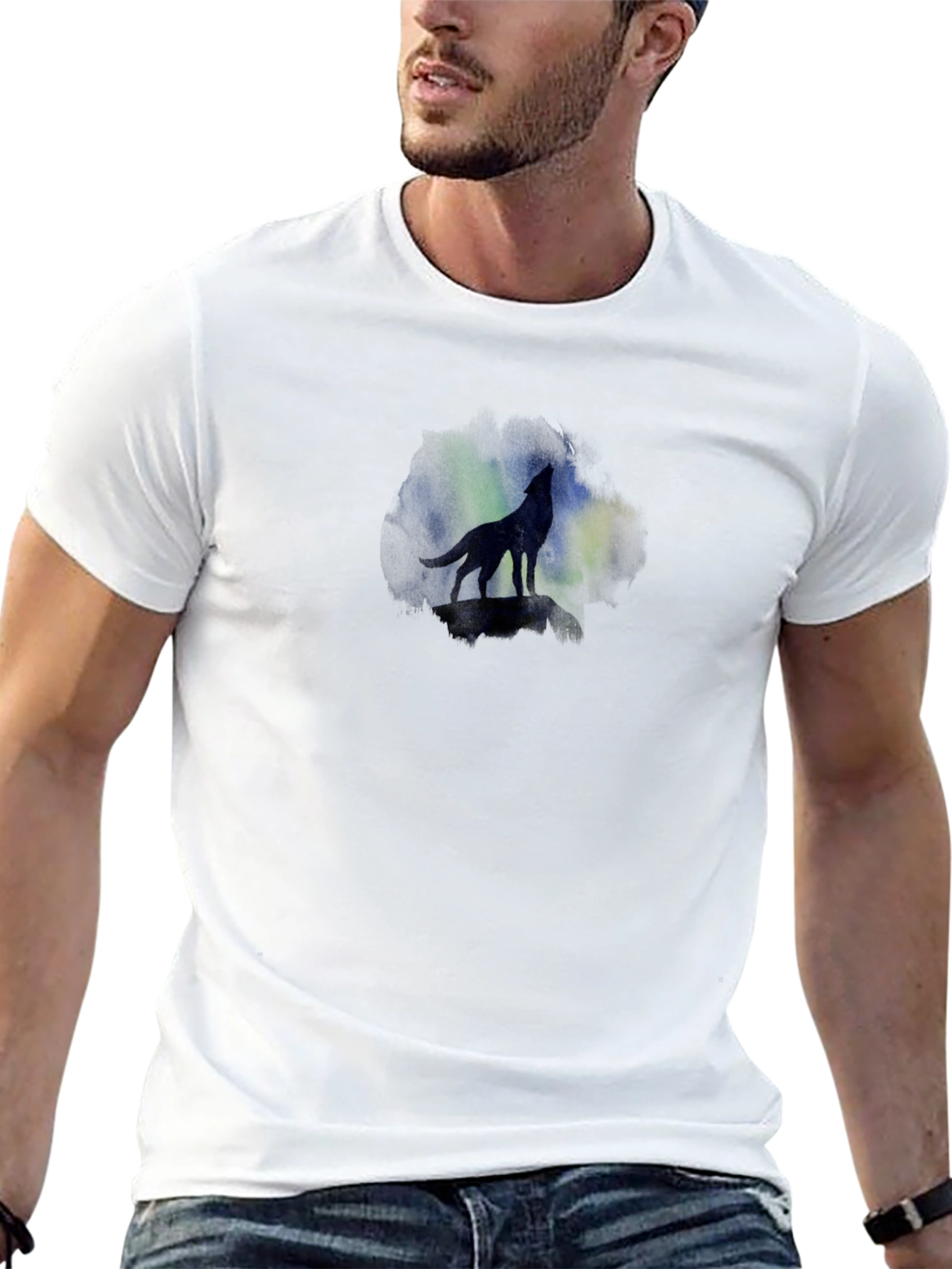 Wolf Silhouette Tee - Aurora Borealis Graphic