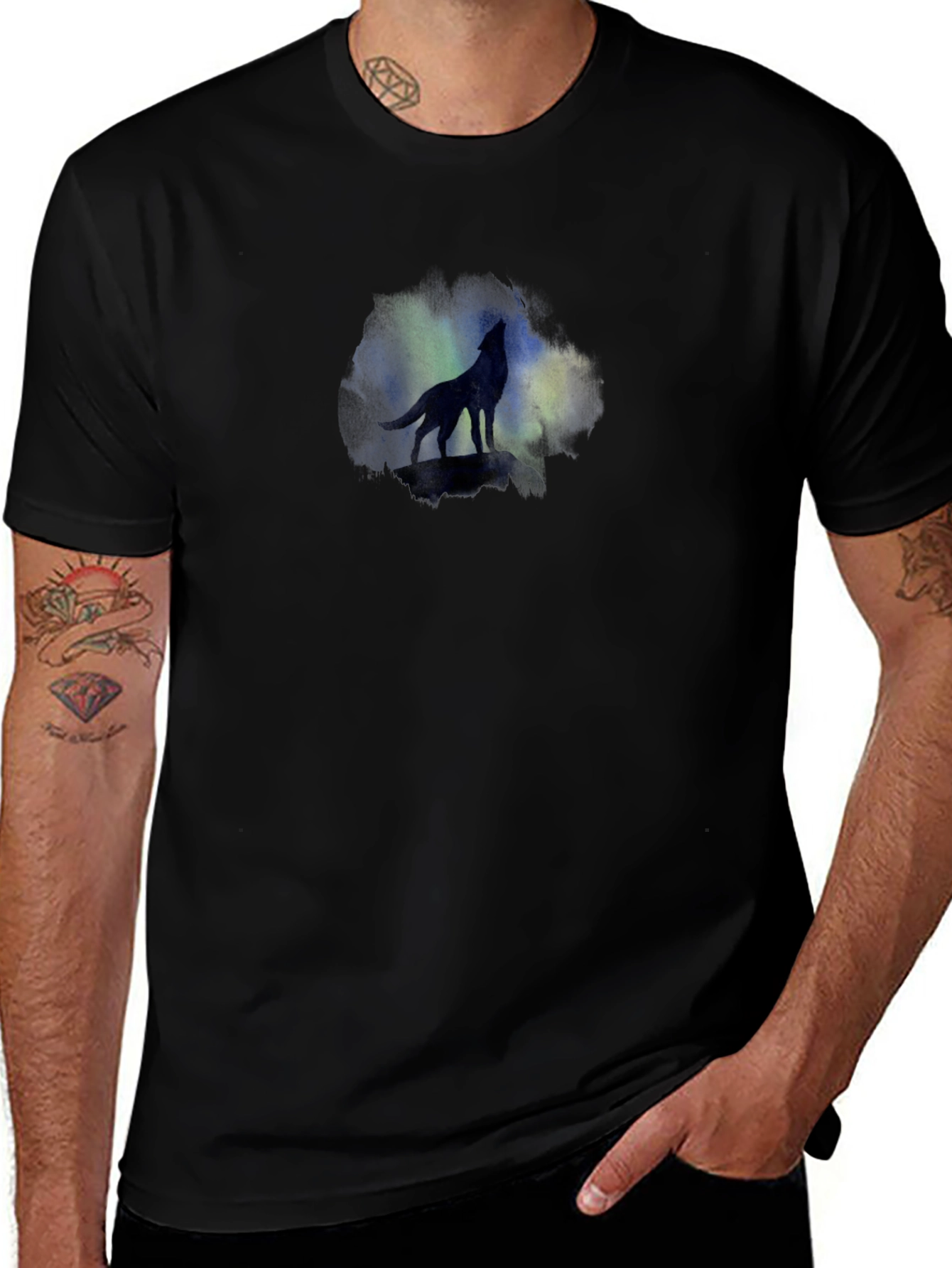 Wolf Silhouette Tee - Aurora Borealis Graphic