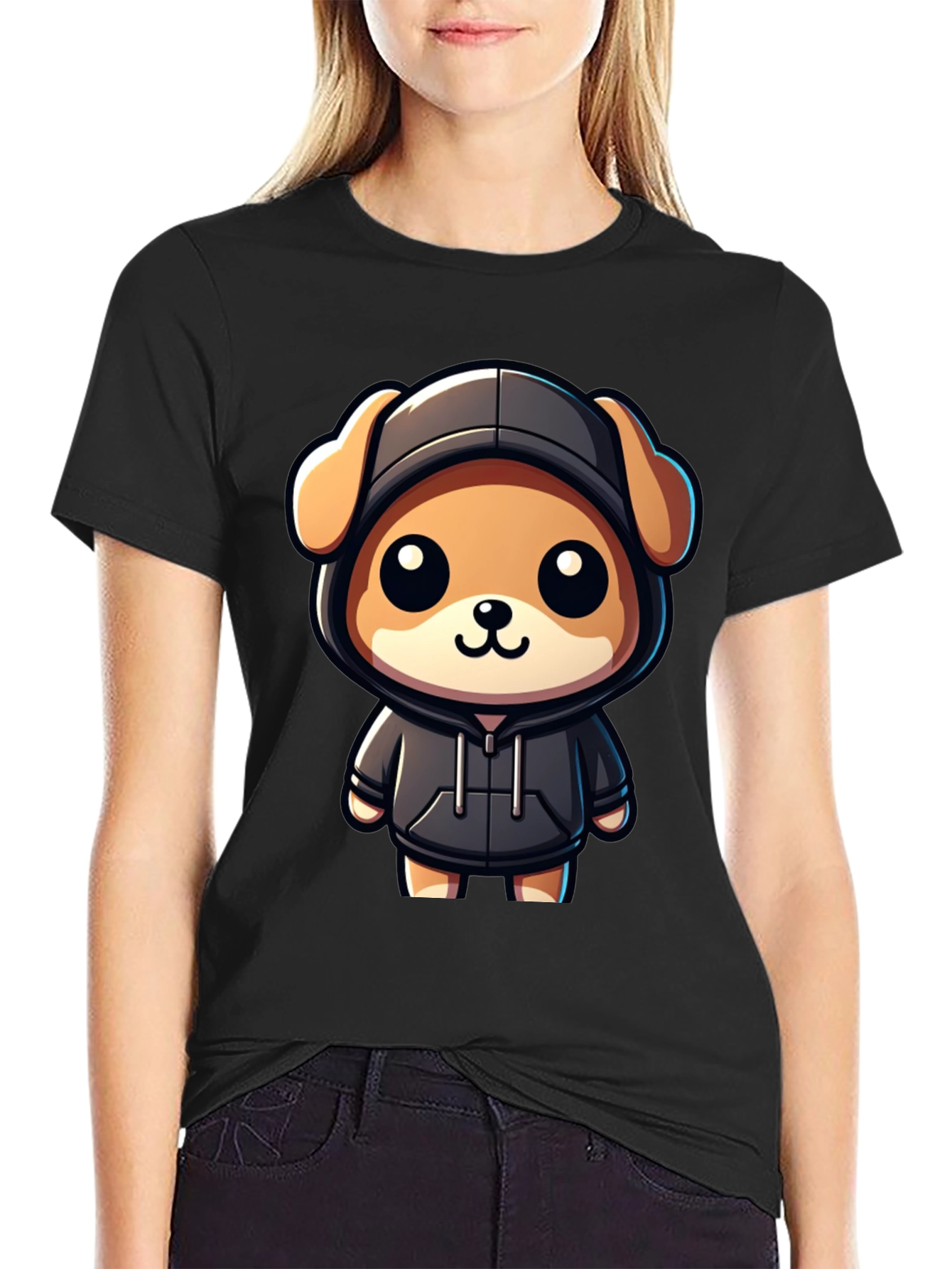 Cute Cartoon Dog in Hoodie T-Shirt