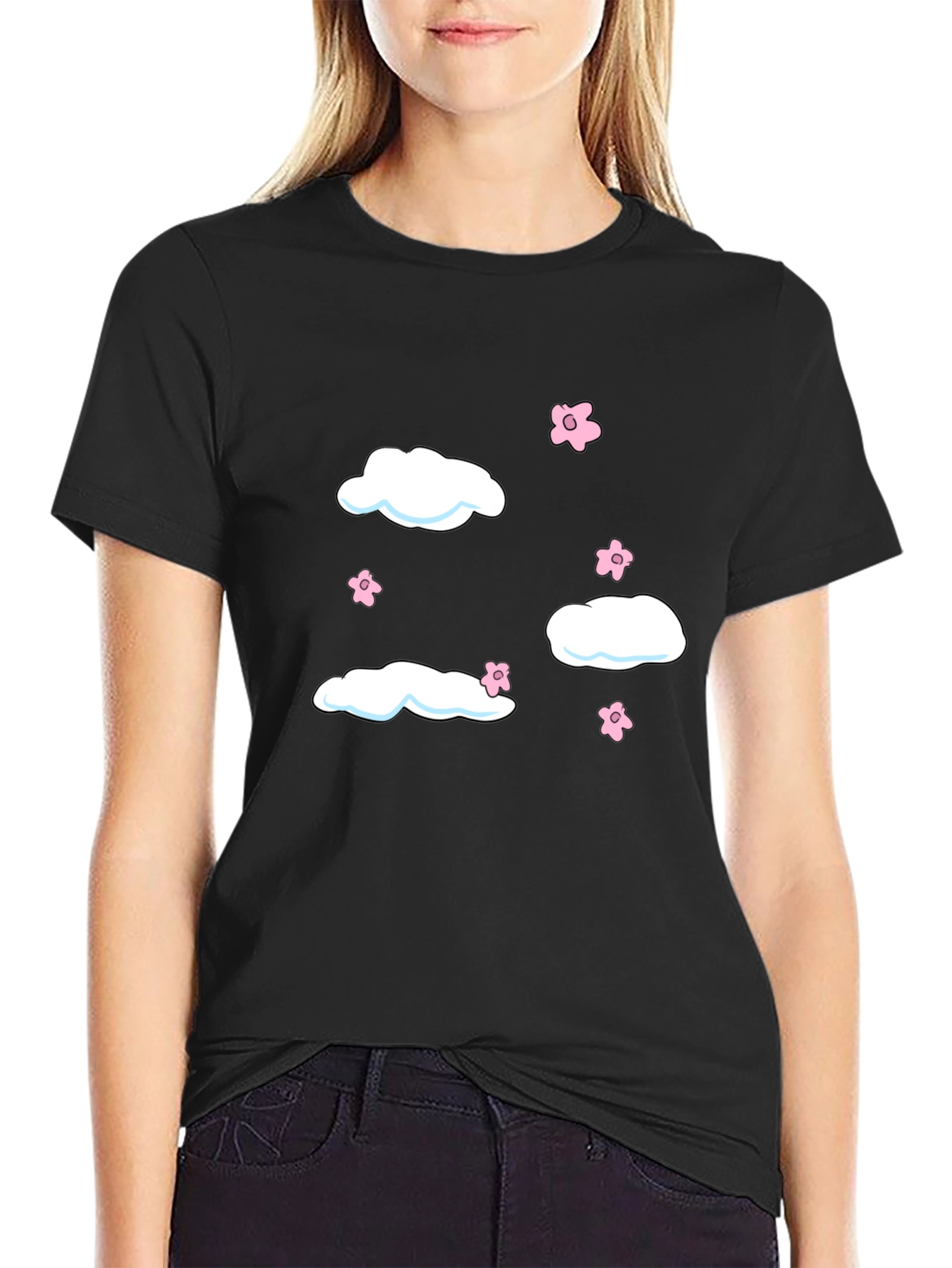 Cloud & Flower Graphic Tee - Black Casual Shirt