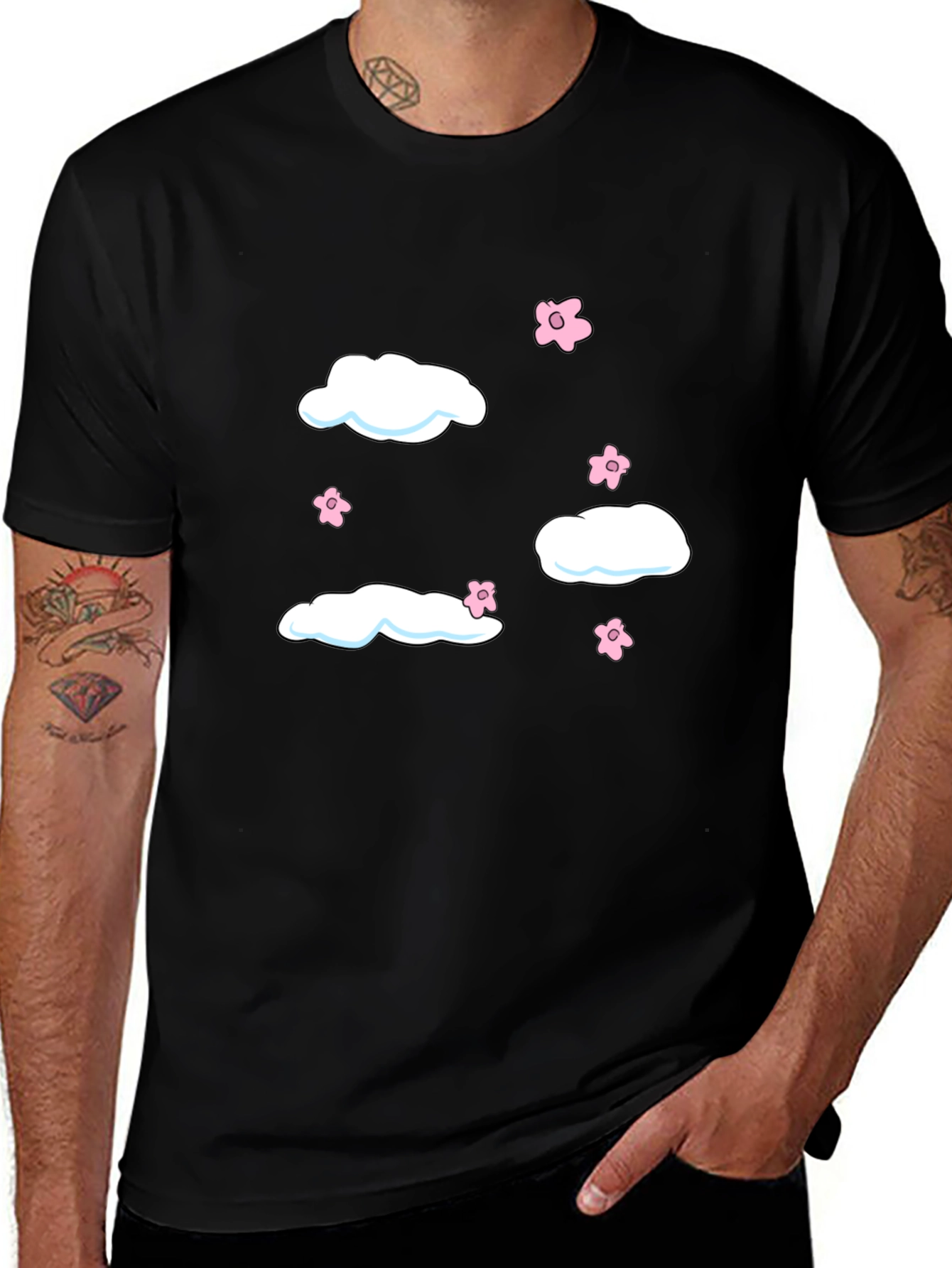 Cloud & Flower Graphic Tee - Black Casual Shirt