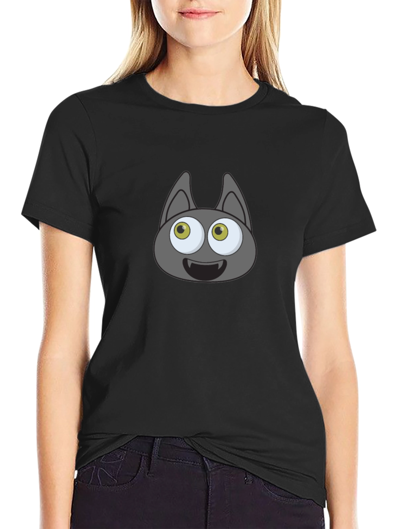 Cartoonish Bat Face Graphic Black T-Shirt