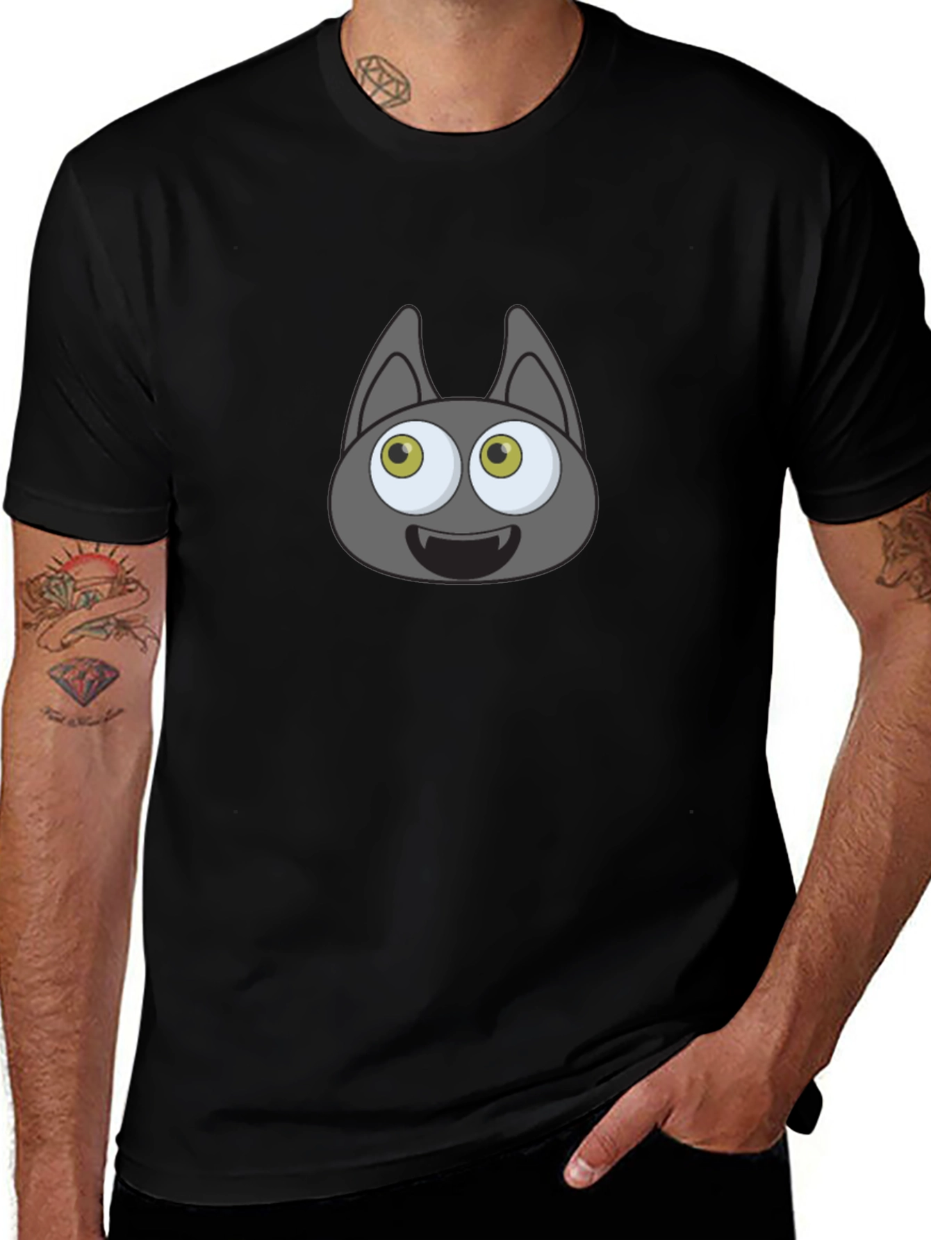 Cartoonish Bat Face Graphic Black T-Shirt