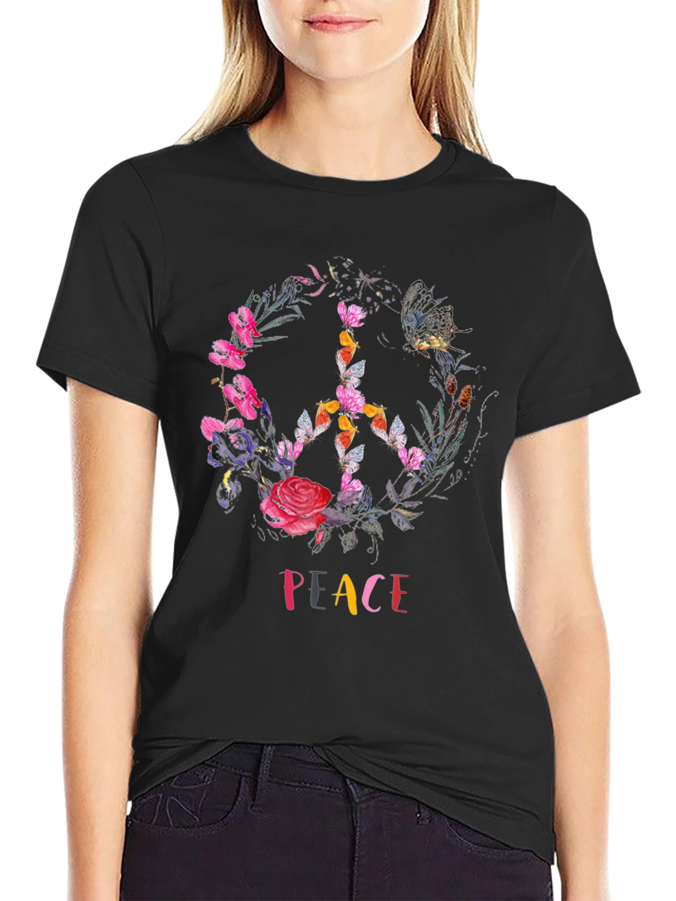 Peace Sign Floral Butterfly Black T-Shirt