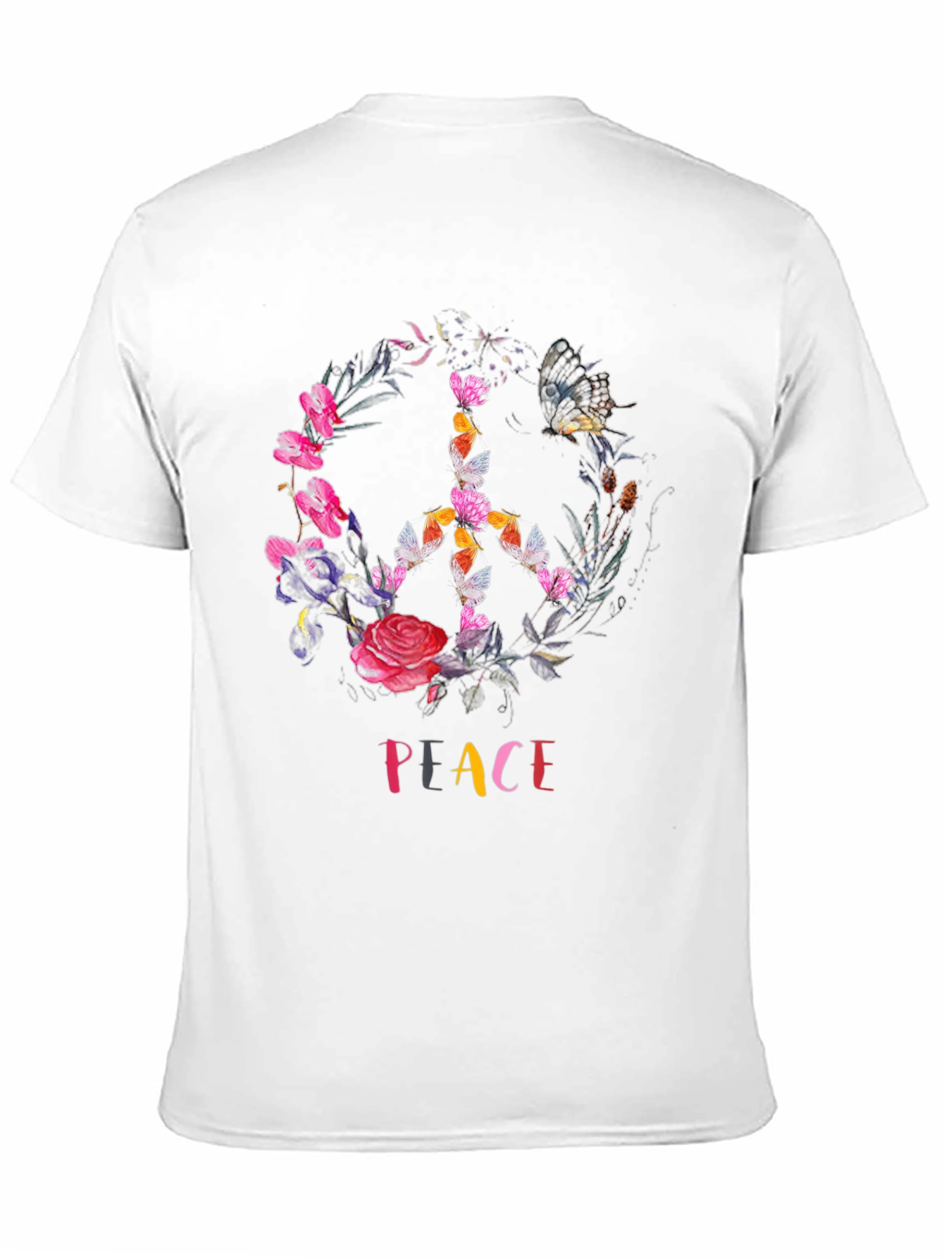 Peace Sign Floral Butterfly Black T-Shirt