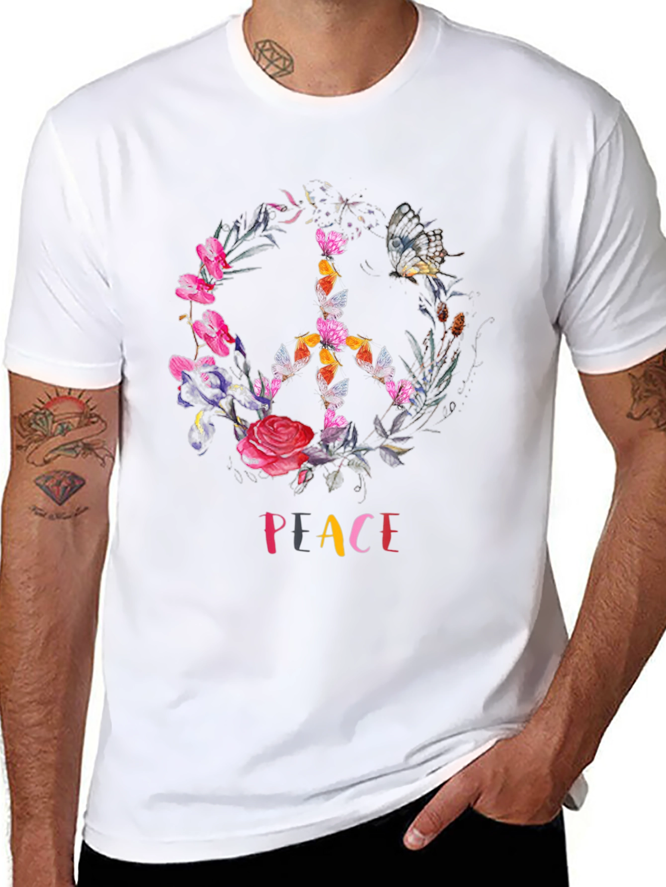 Peace Sign Floral Butterfly Black T-Shirt
