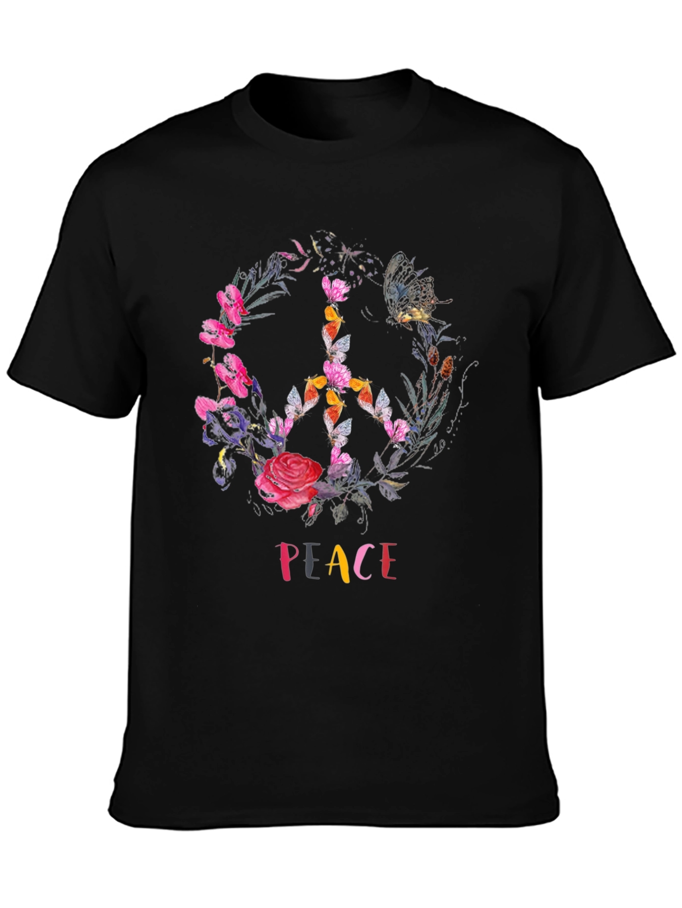 Peace Sign Floral Butterfly Black T-Shirt