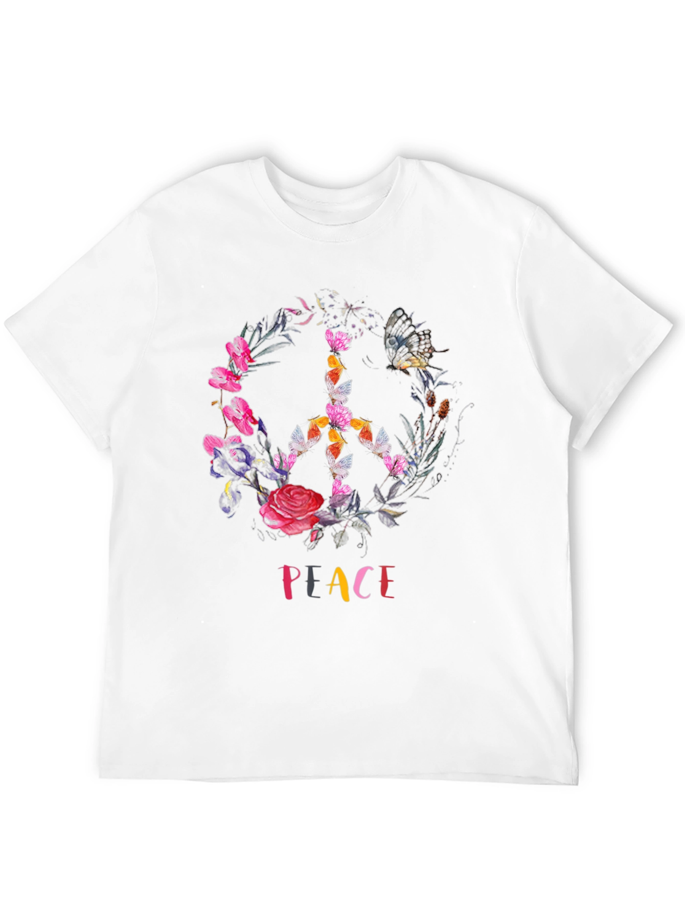 Peace Sign Floral Butterfly Black T-Shirt