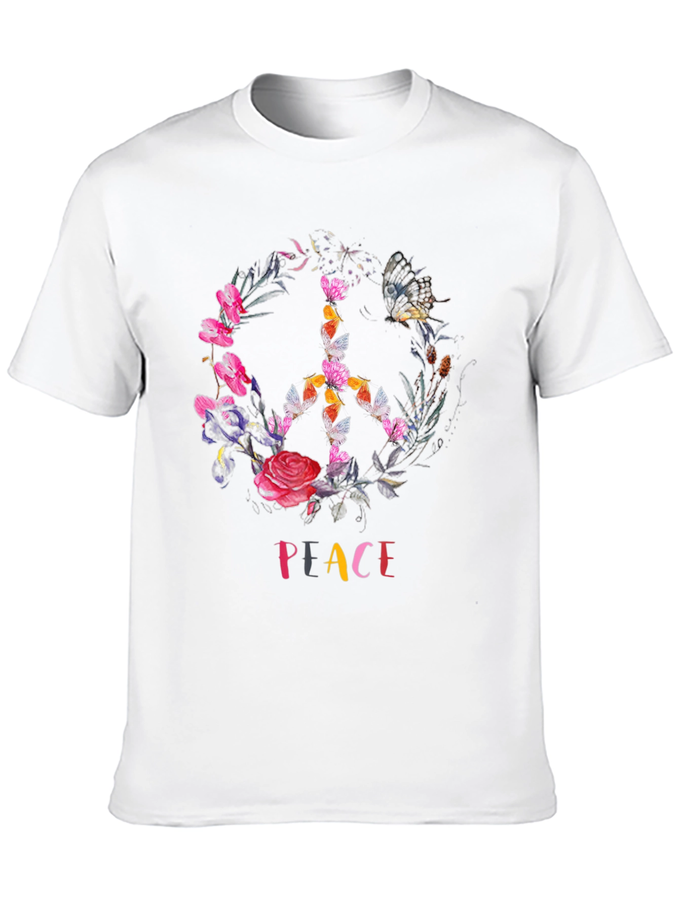 Peace Sign Floral Butterfly Black T-Shirt