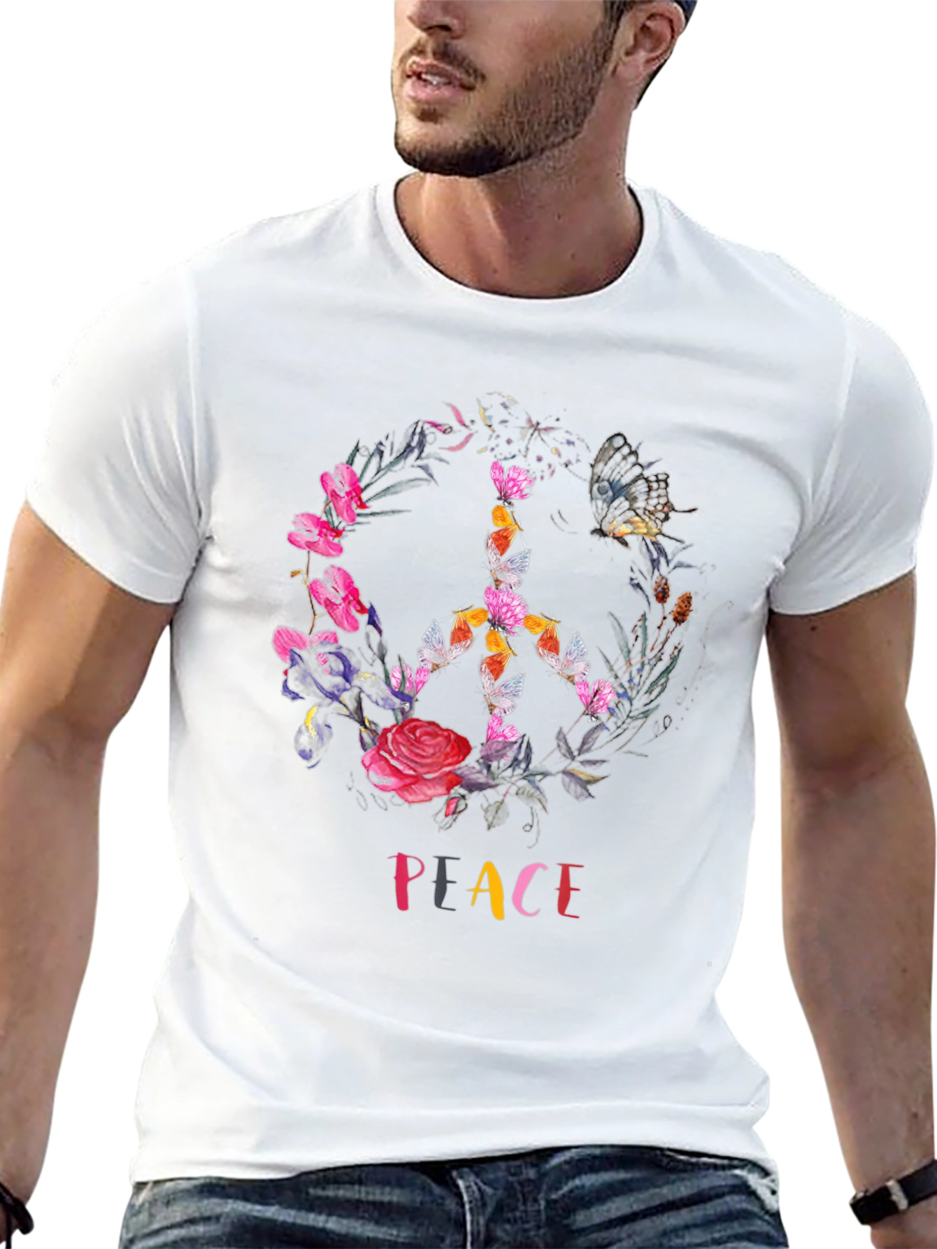 Peace Sign Floral Butterfly Black T-Shirt