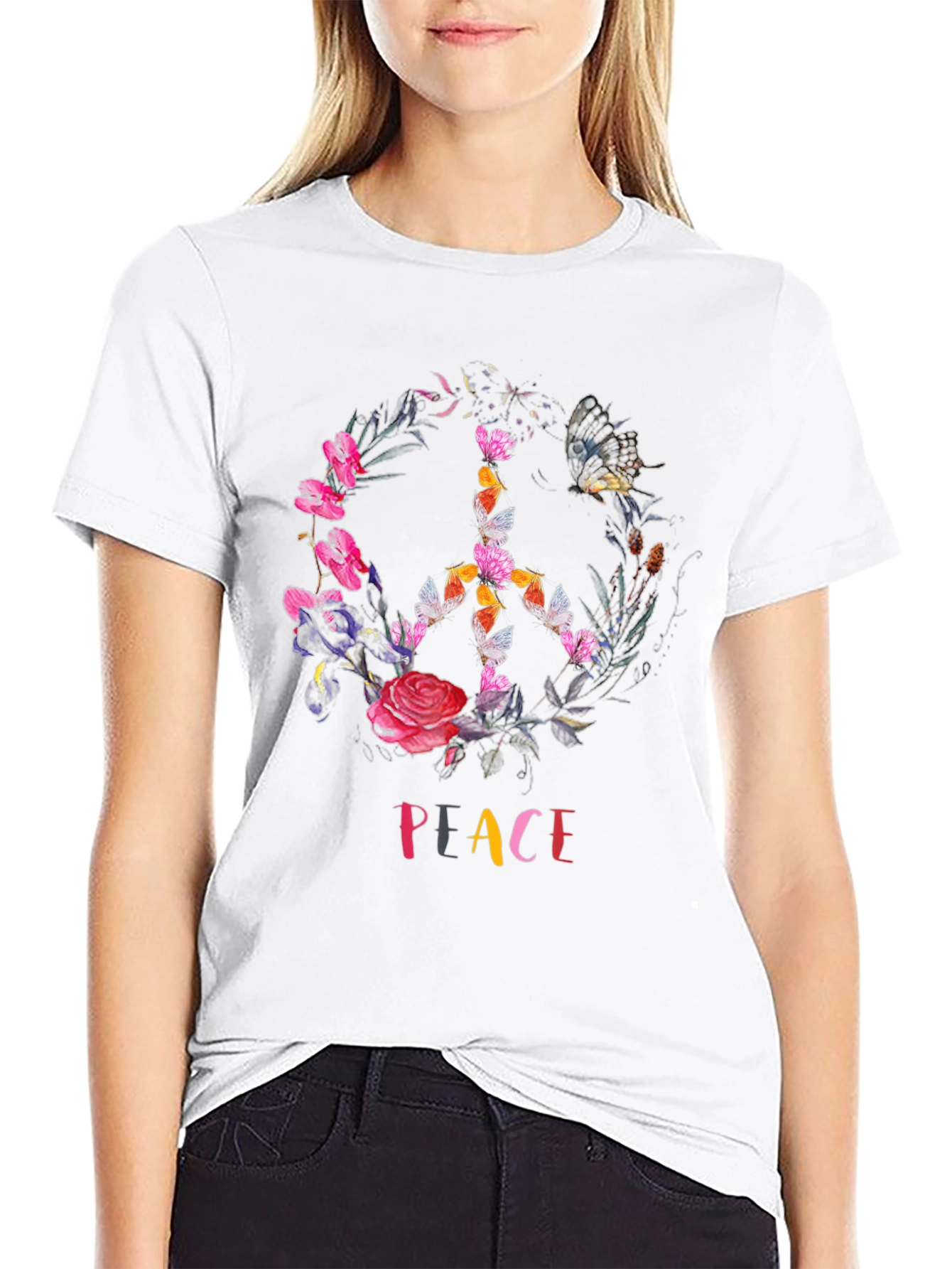 Peace Sign Floral Butterfly Black T-Shirt