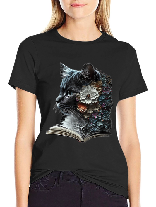 Floral Cat Reader Graphic T-Shirt