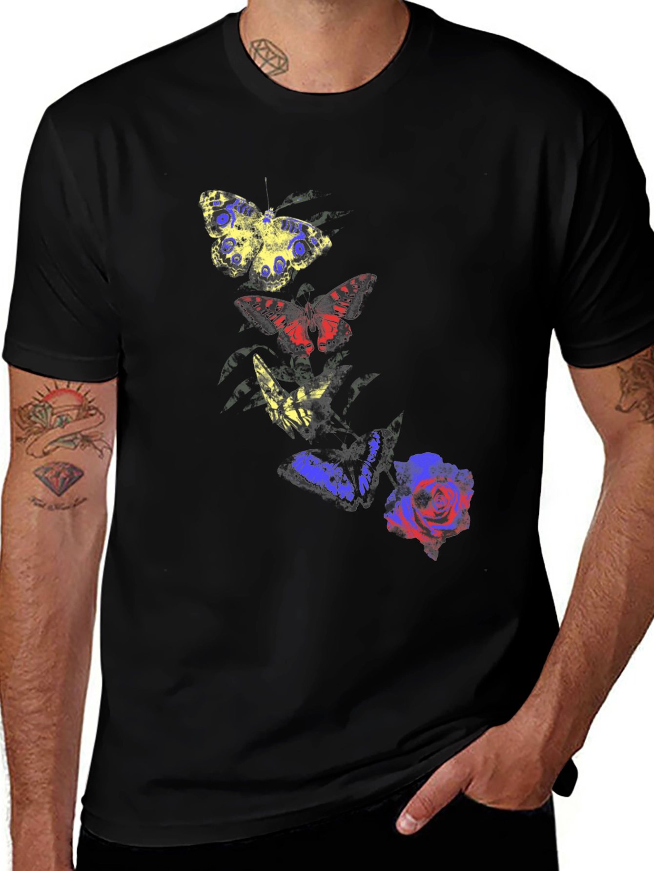 Butterfly & Rose Graphic Tee - Mens Black T-Shirt