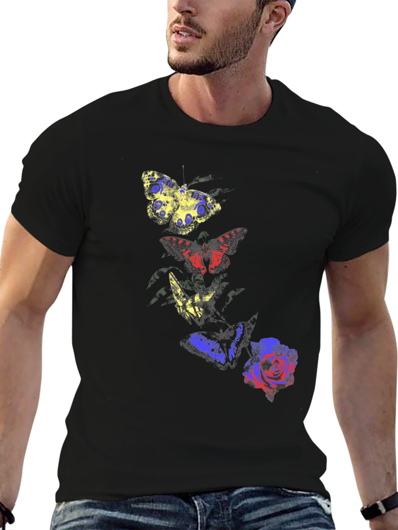 Butterfly & Rose Graphic Tee - Mens Black T-Shirt