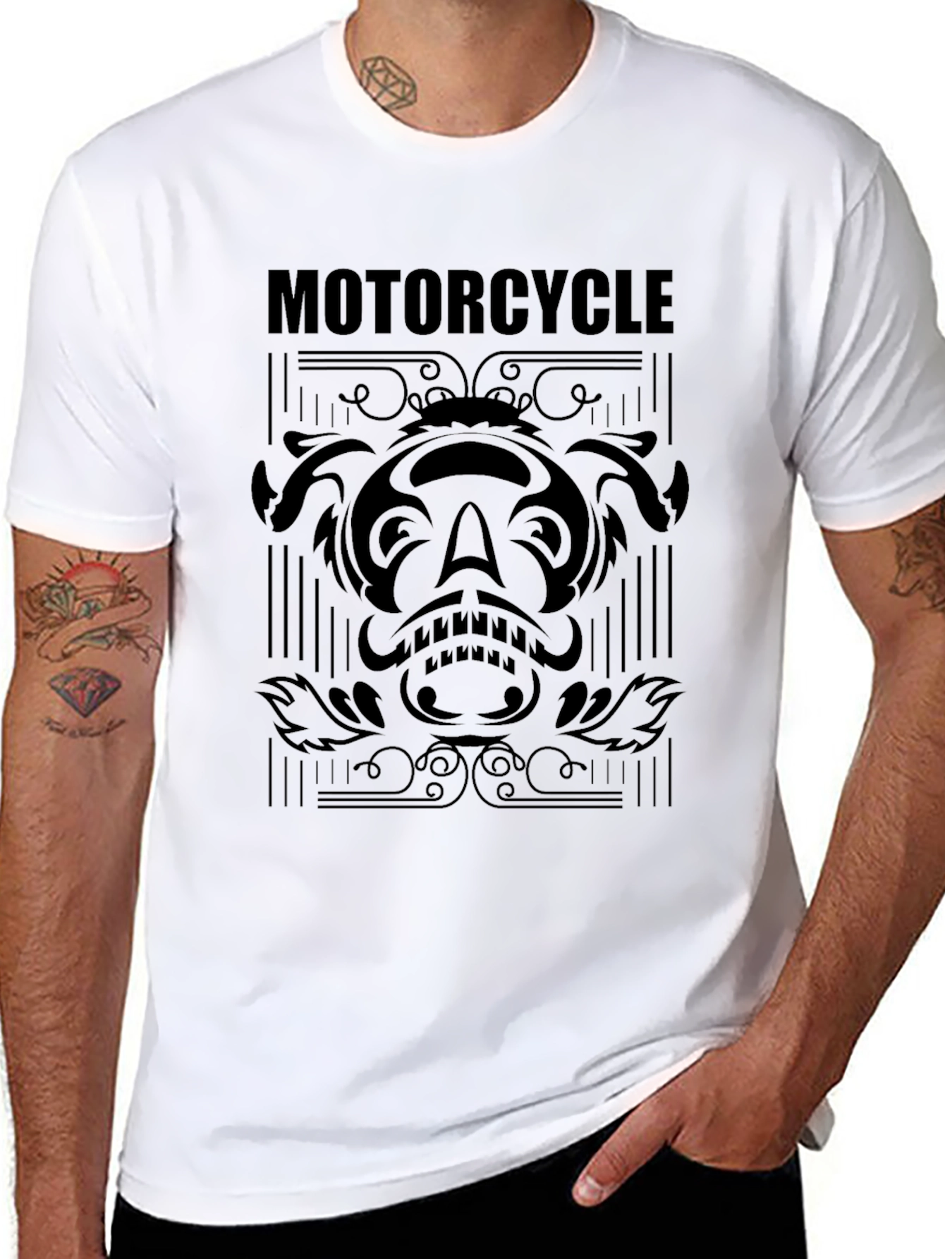 Motorcycle Graphic Tee - Black Cotton T-Shirt