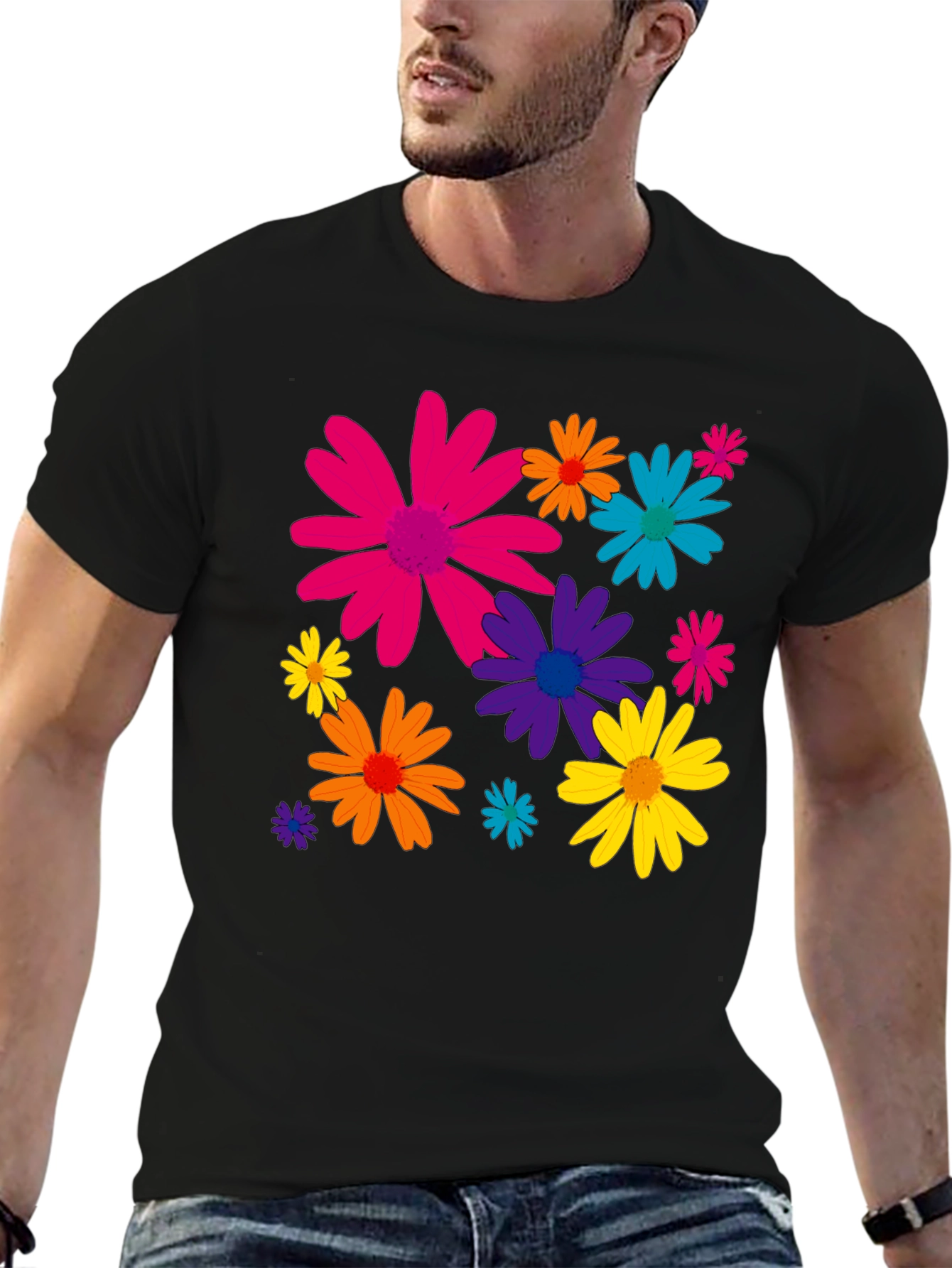 Floral Print Mens Black T-Shirt