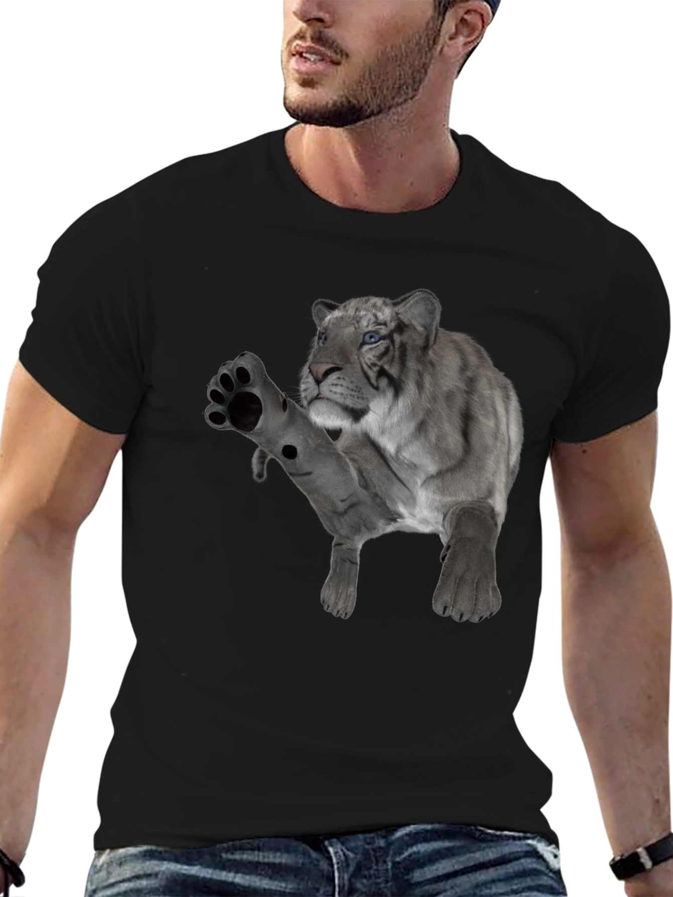 Mens Black T-Shirt with White Tiger Graphic