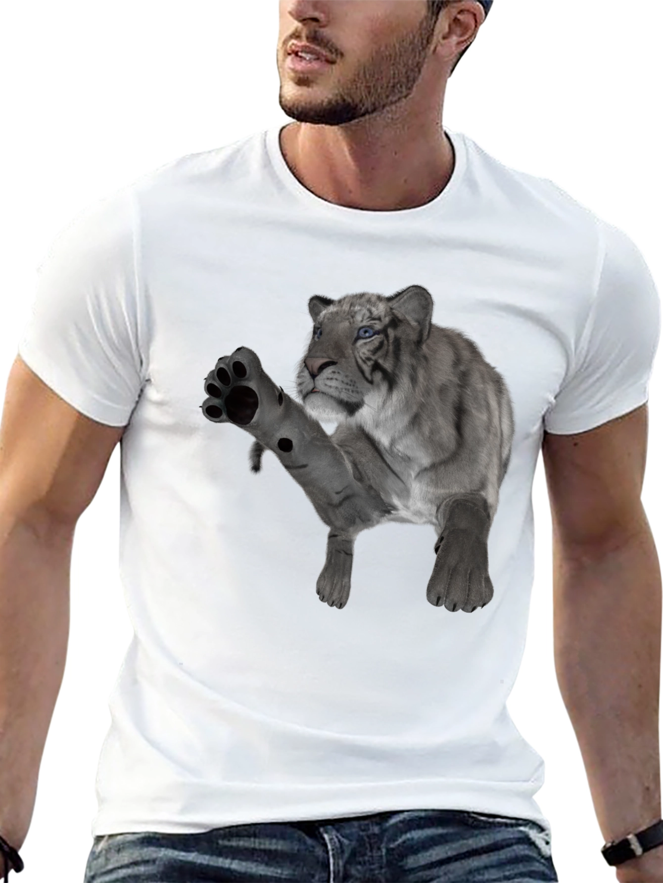Mens Black T-Shirt with White Tiger Graphic