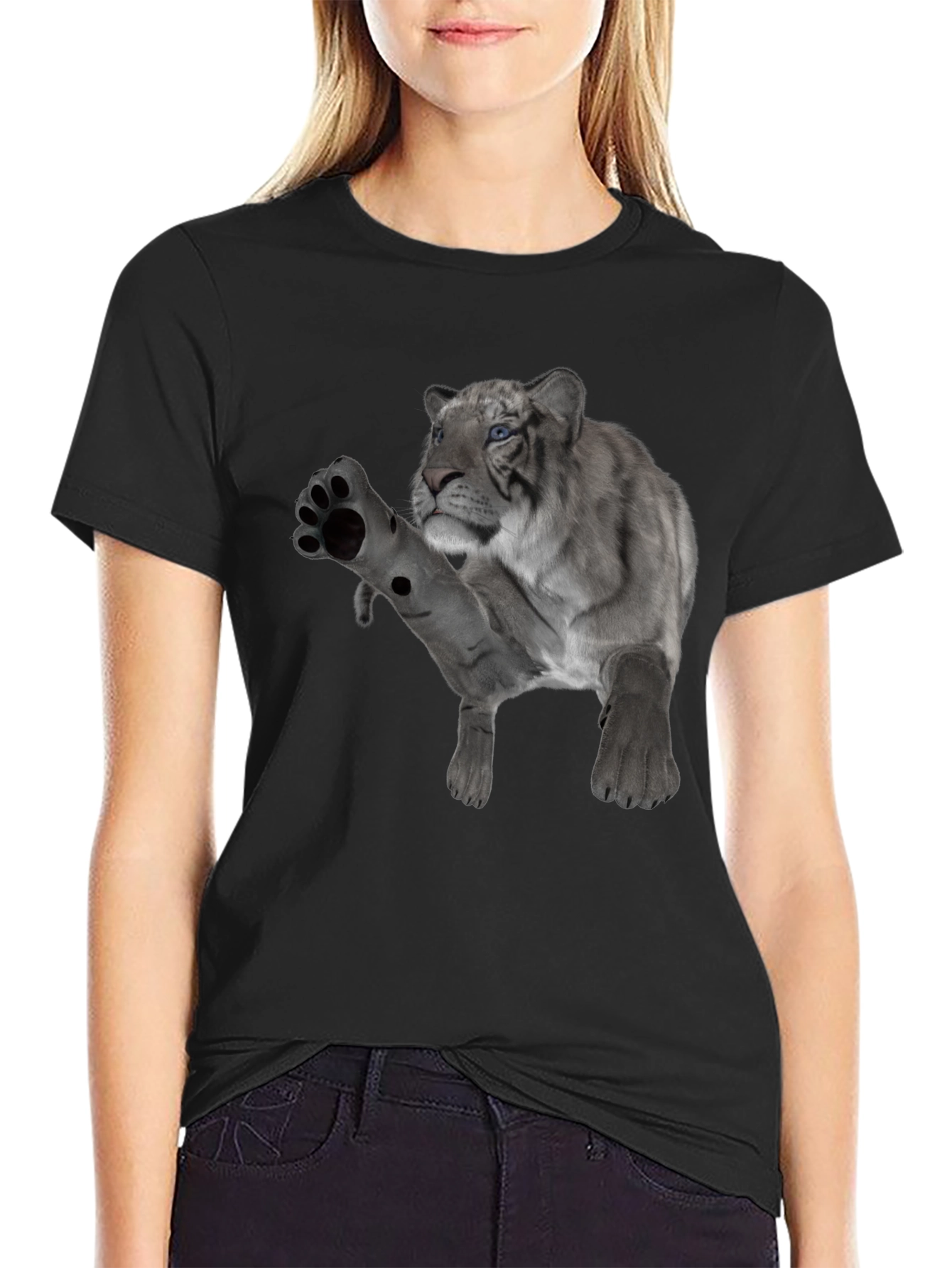 Mens Black T-Shirt with White Tiger Graphic