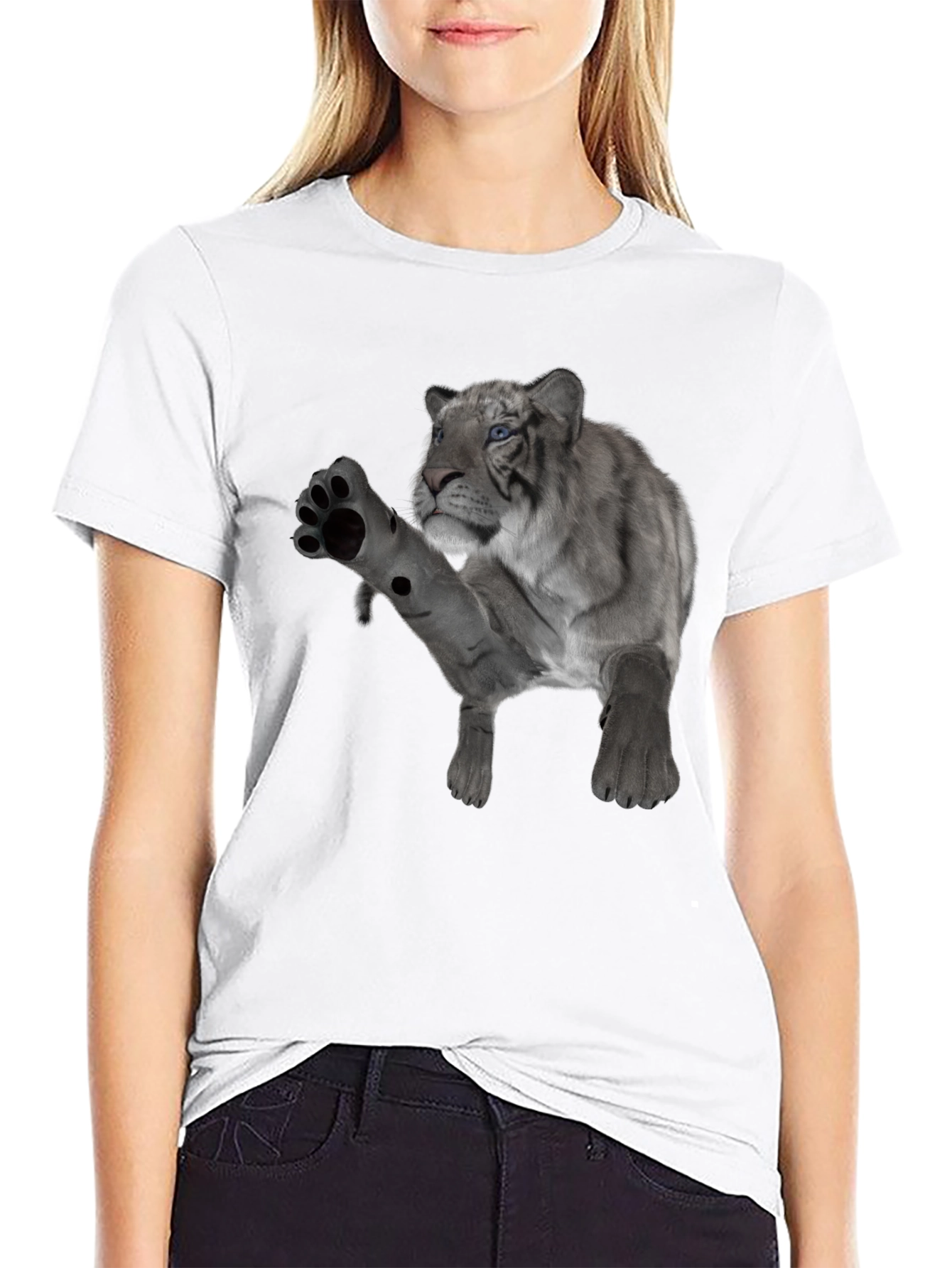 Mens Black T-Shirt with White Tiger Graphic