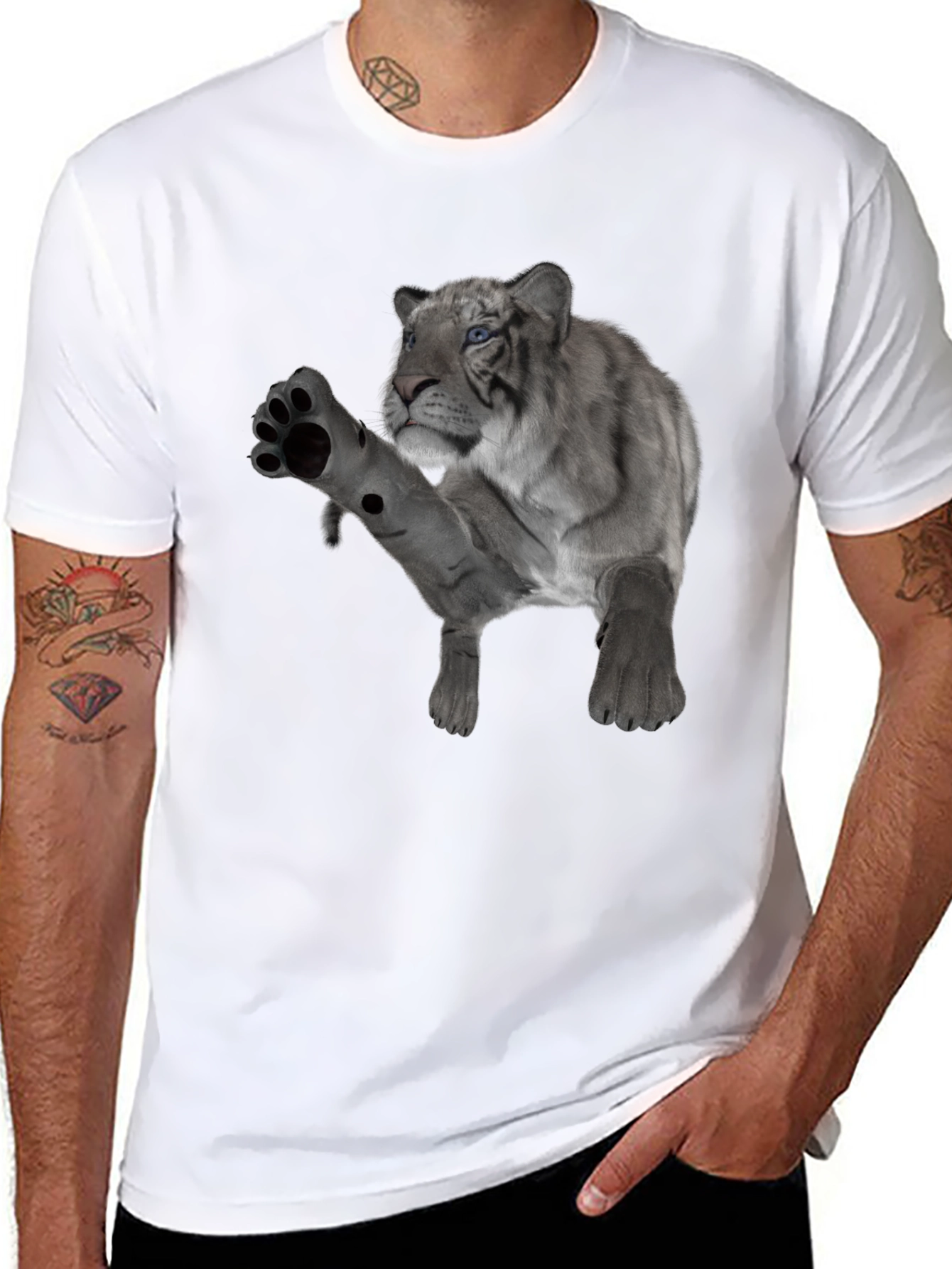Mens Black T-Shirt with White Tiger Graphic