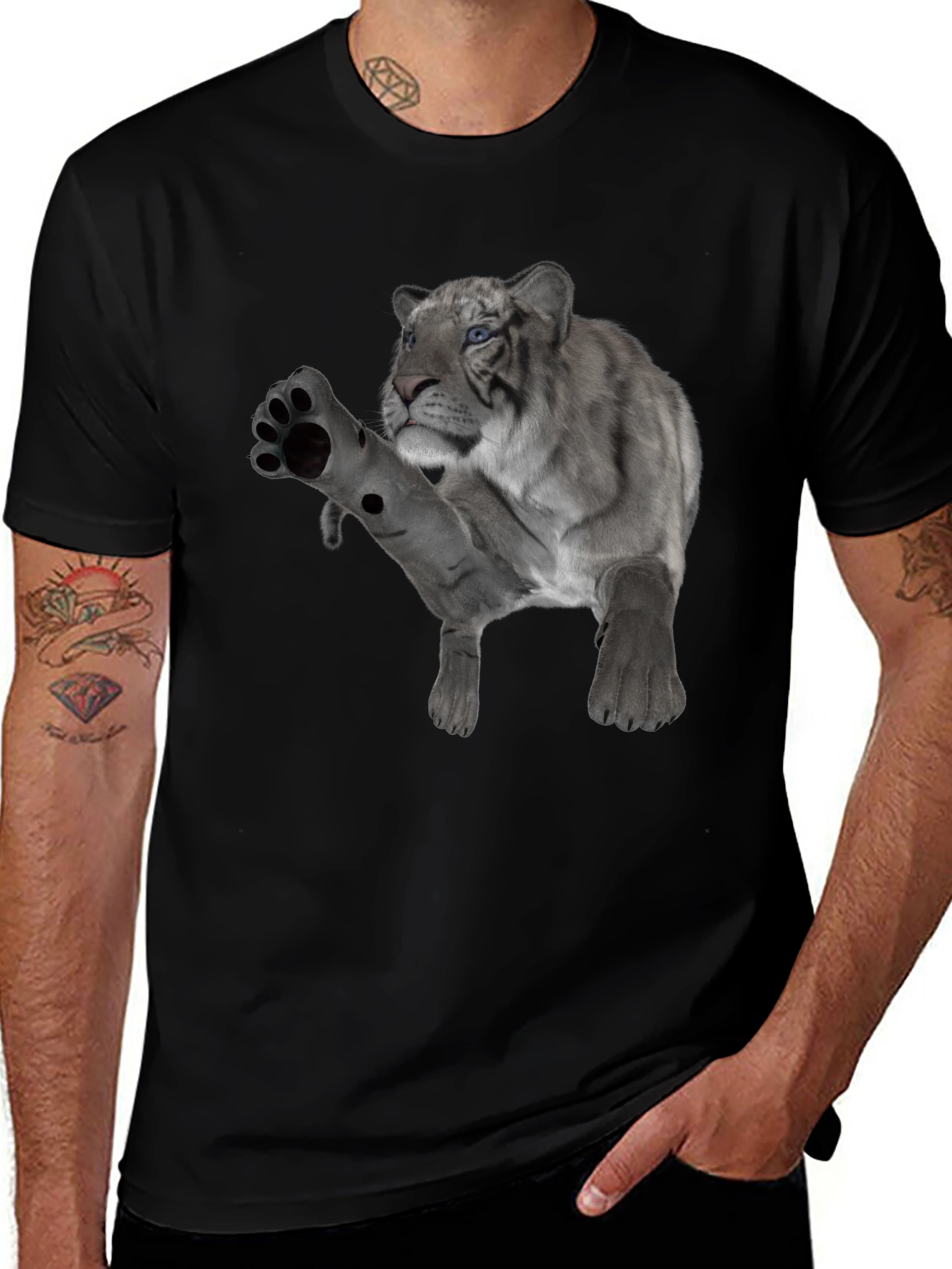 Mens Black T-Shirt with White Tiger Graphic