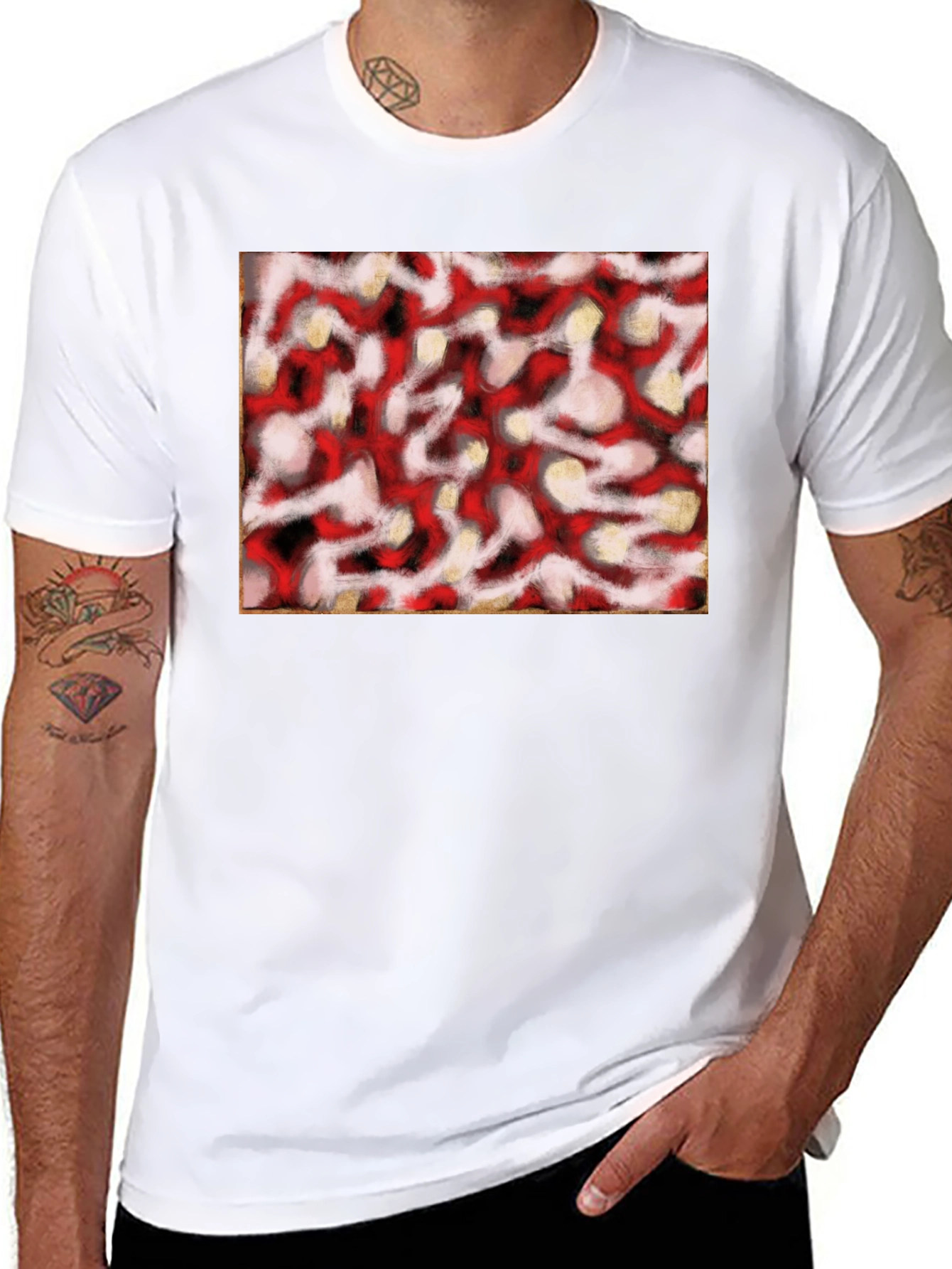 Abstract Red & White Pattern Black T-Shirt