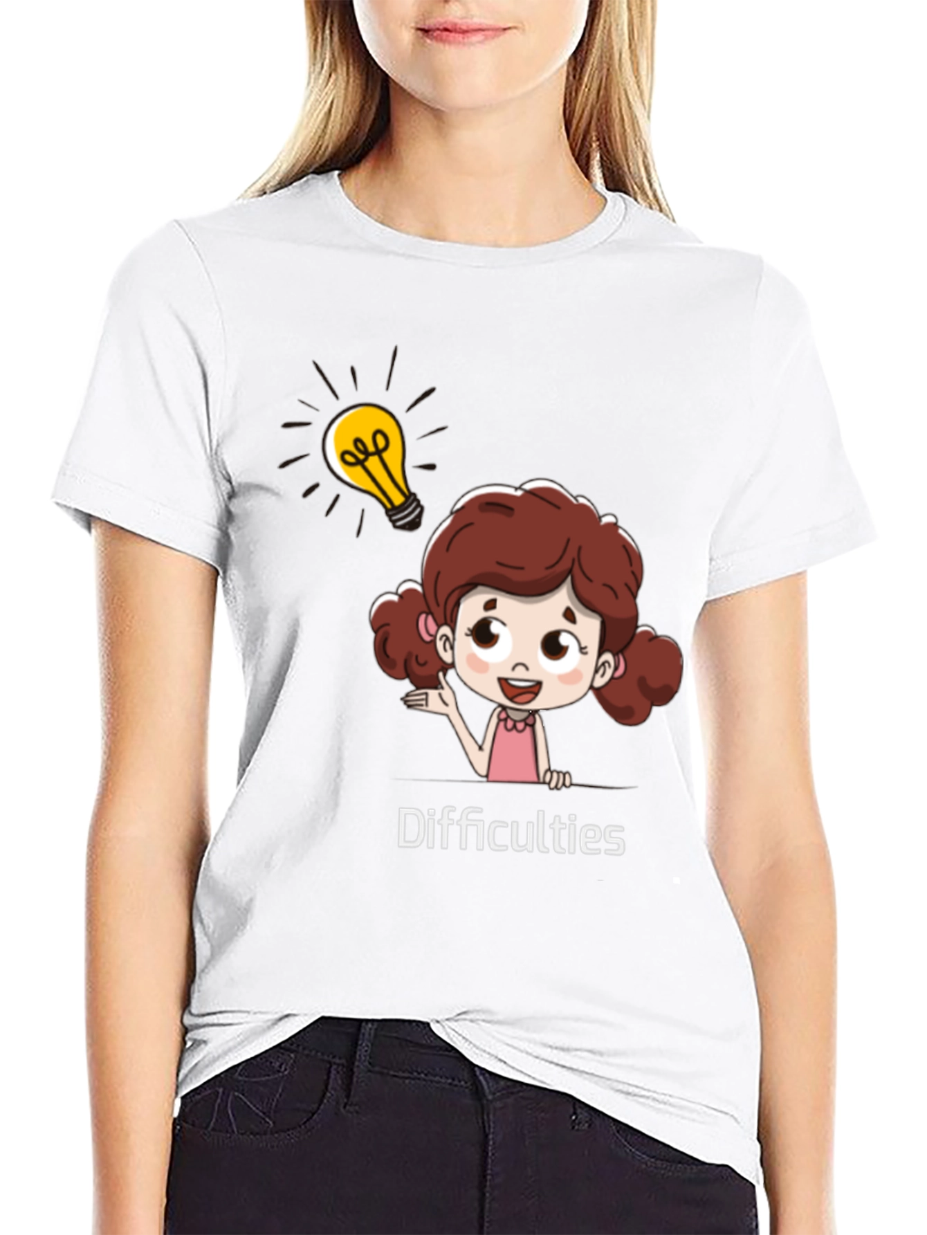 Cartoon Girl Difficulties Graphic Black T-Shirt