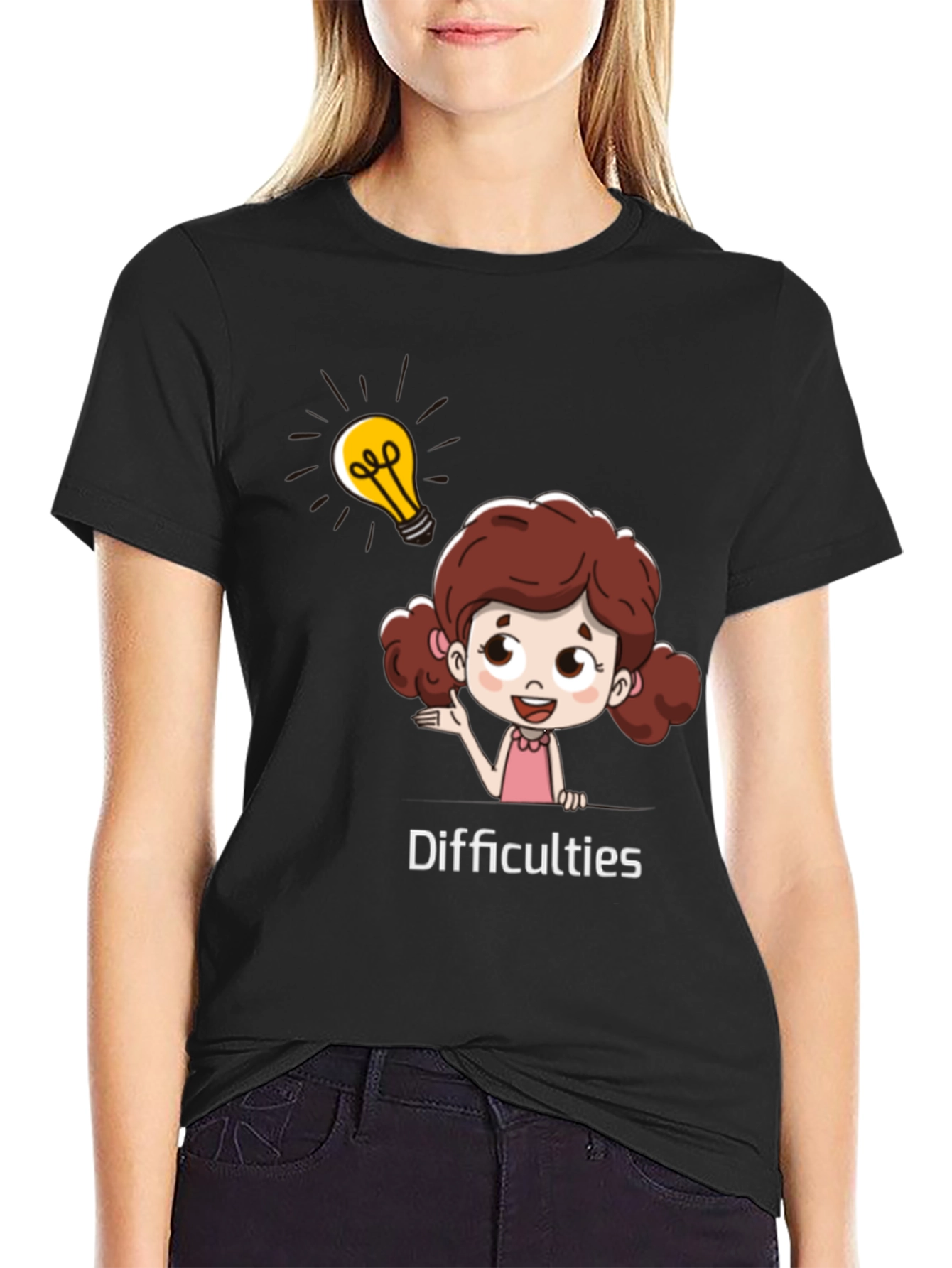 Cartoon Girl Difficulties Graphic Black T-Shirt