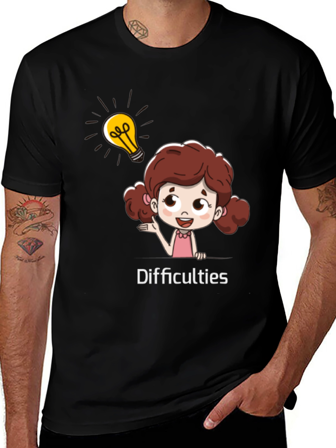 Cartoon Girl Difficulties Graphic Black T-Shirt