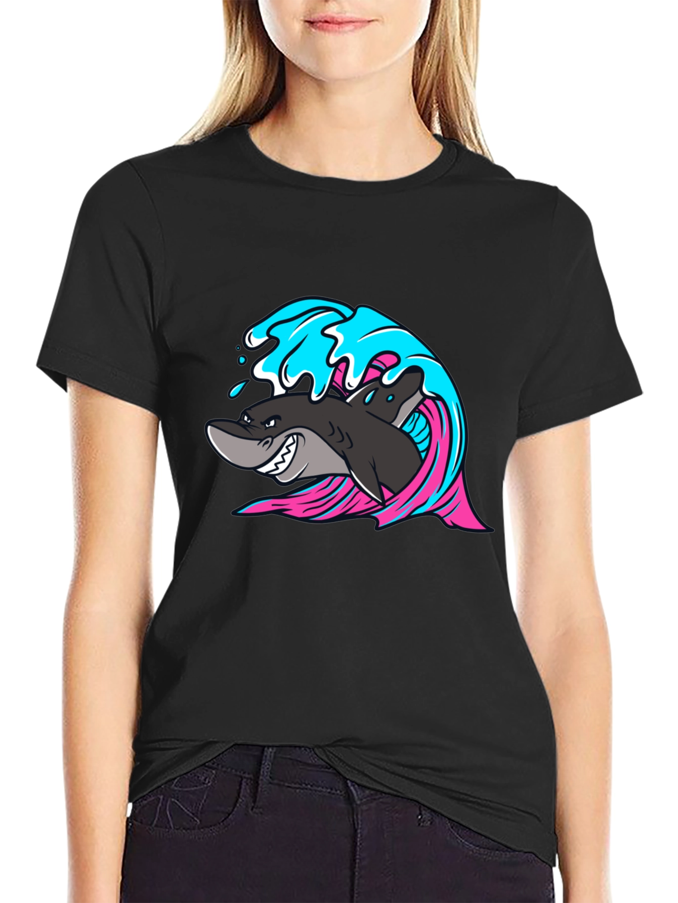 Shark Wave Graphic Print Black T-Shirt