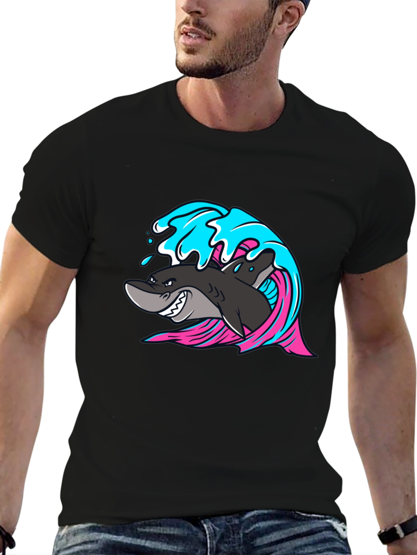 Shark Wave Graphic Print Black T-Shirt